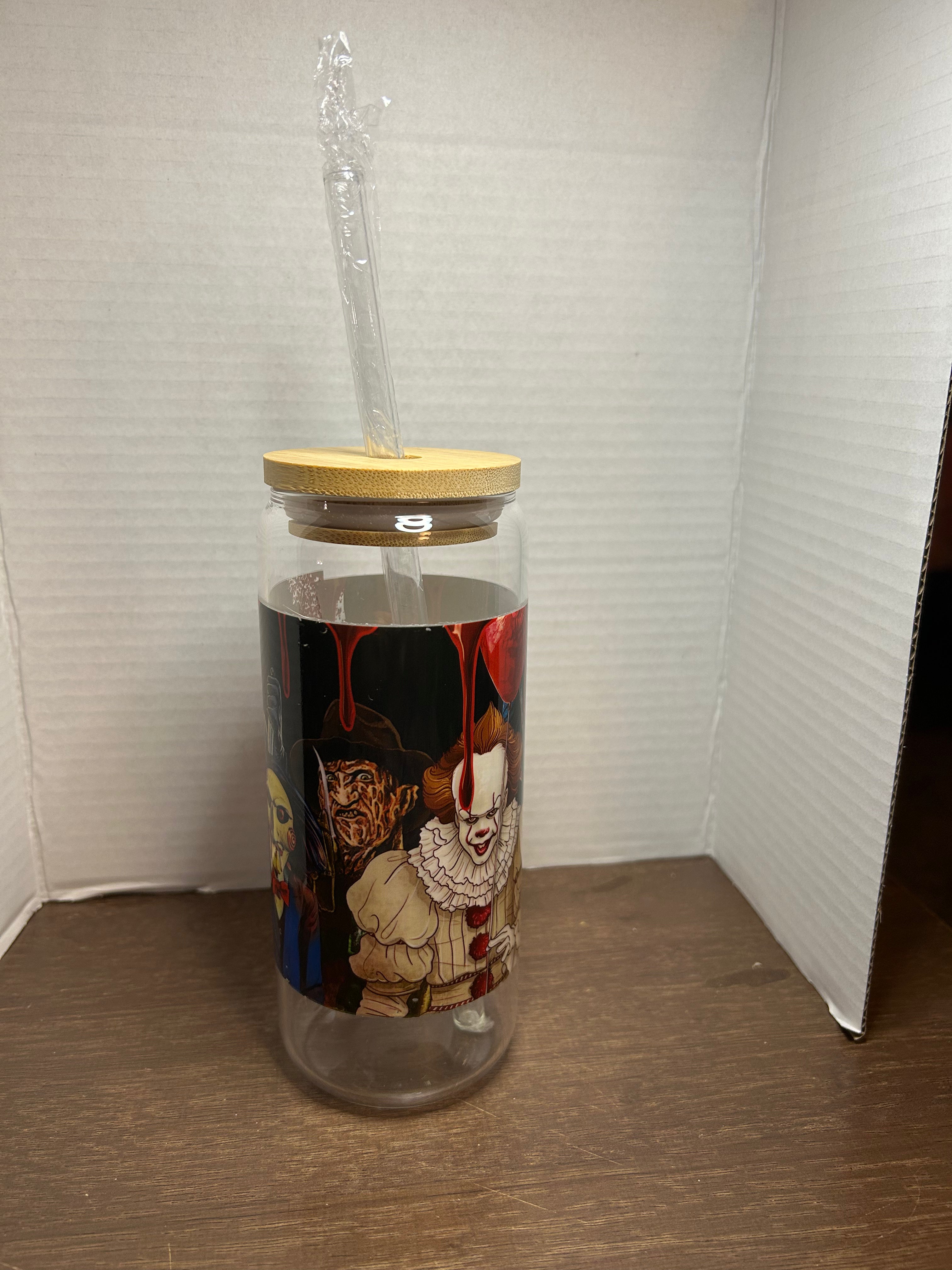 Gobelet en verre de 20 oz avec couvercle en bambou et paille en verre sur le thème effrayant d'Halloween