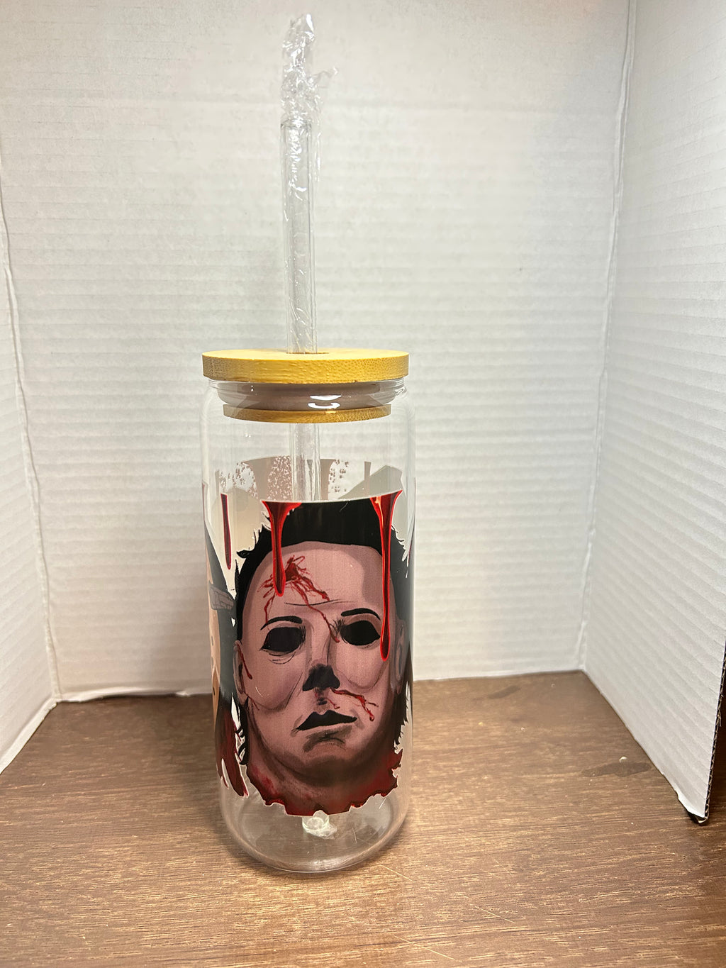 Gobelet en verre de 20 oz avec couvercle en bambou et paille en verre, motif Halloween effrayant