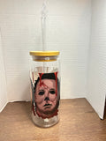 Gobelet en verre de 20 oz avec couvercle en bambou et paille en verre, motif Halloween effrayant