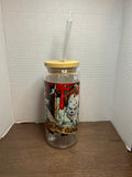 20 oz Glass Tumbler with Bamboo Lid and Glass Straw featuring a Scary Halloween Theme