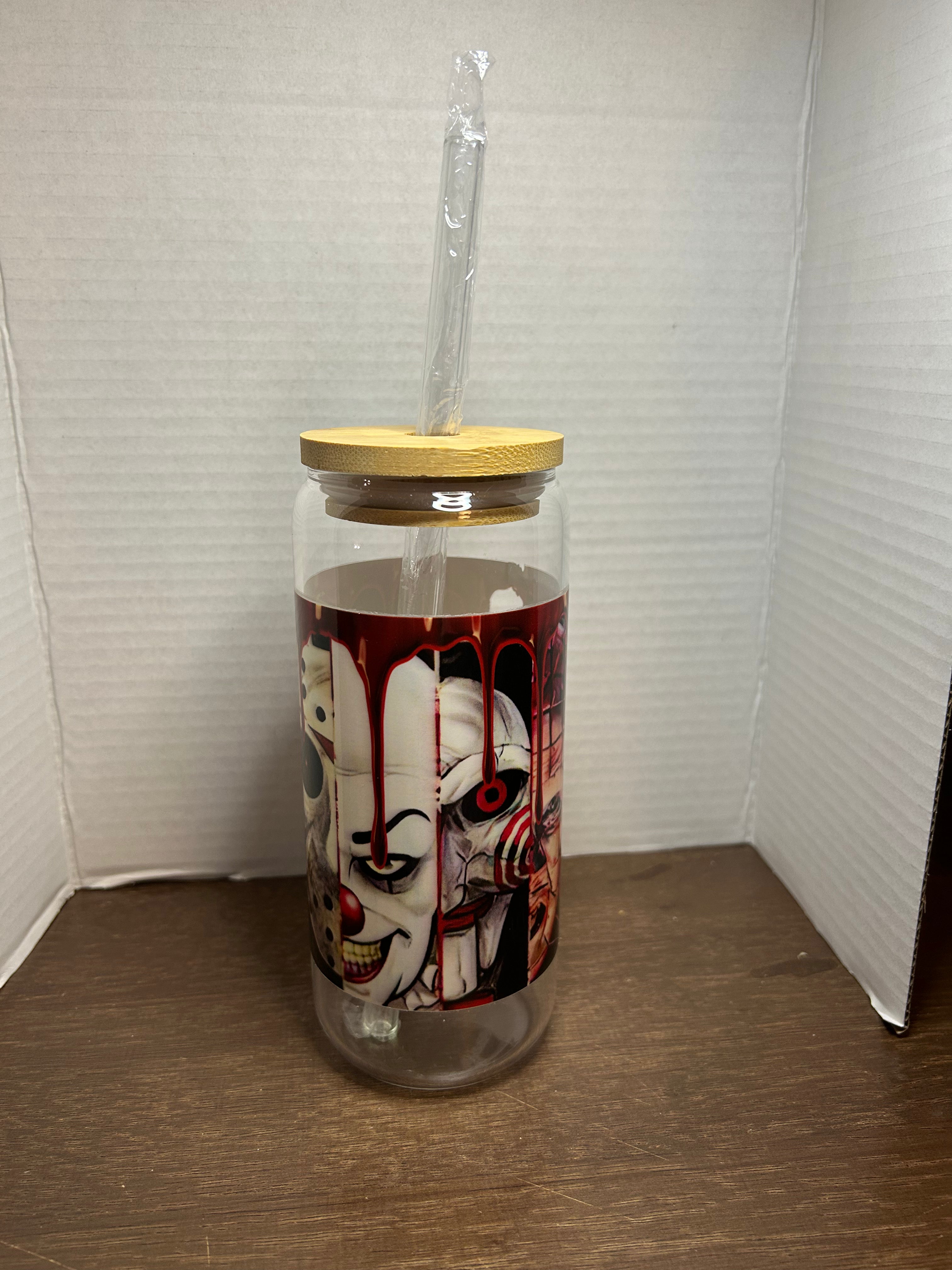 Gobelet en verre de 20 oz avec couvercle en bambou et paille en verre sur le thème d'Halloween effrayant