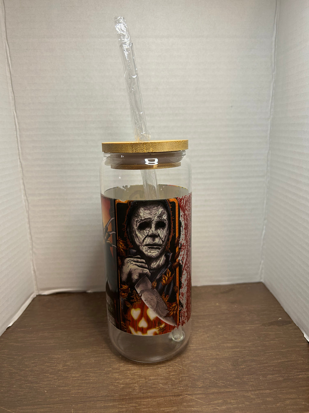 20 oz Glass Tumbler with Bamboo Lid and Glass Straw featuring a Scary Halloween Theme