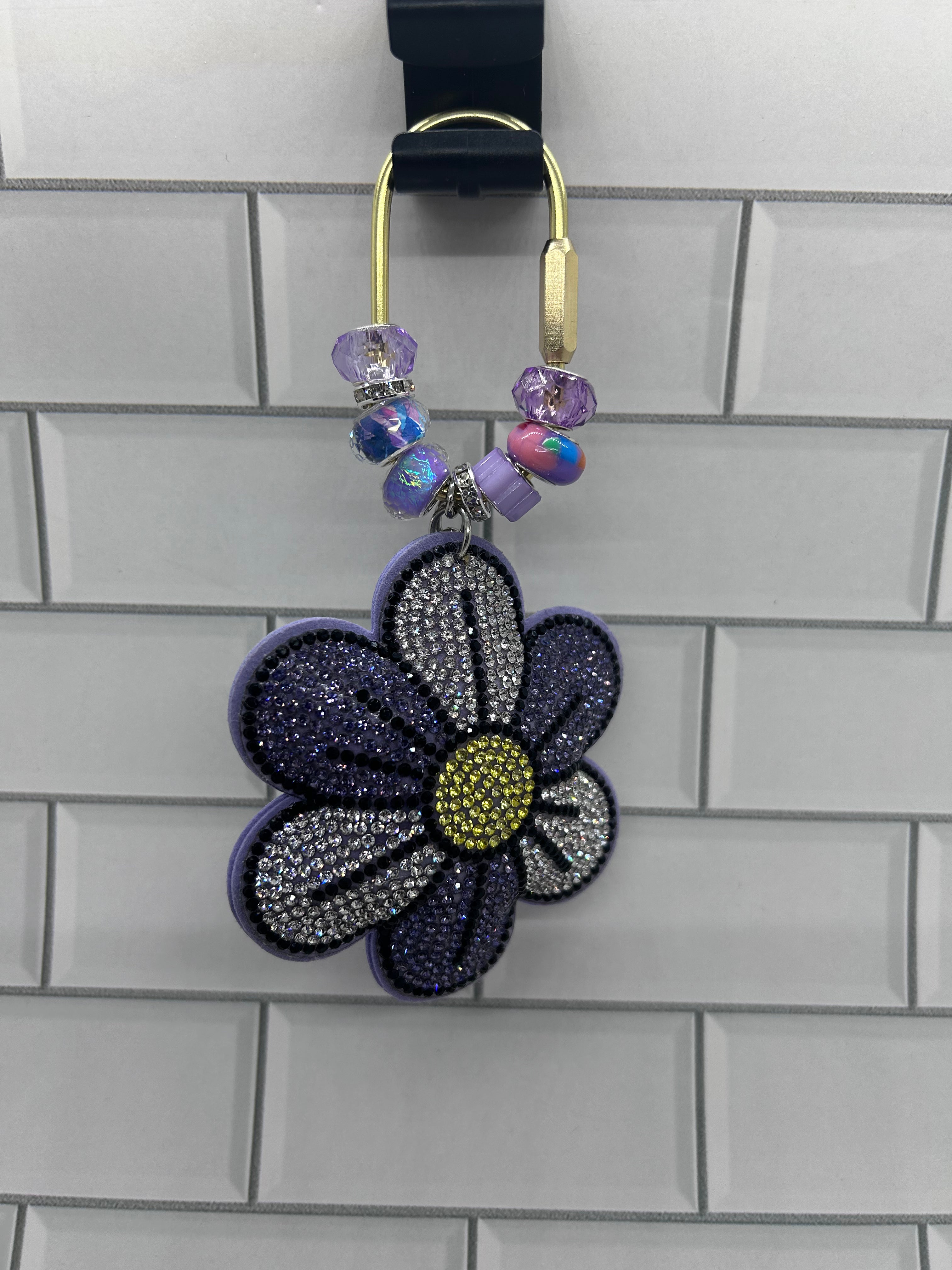 Gold Carabiner Beaded Bag Charms-Purple Acrylic Beads with Rhinestone Flower Charm