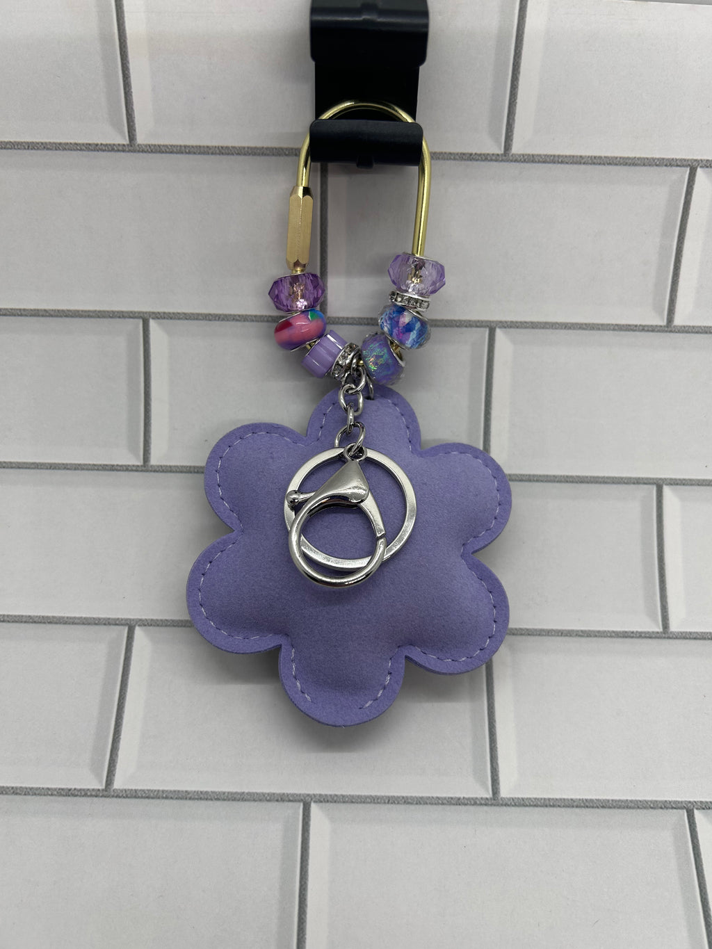Gold Carabiner Beaded Bag Charms-Purple Acrylic Beads with Rhinestone Flower Charm