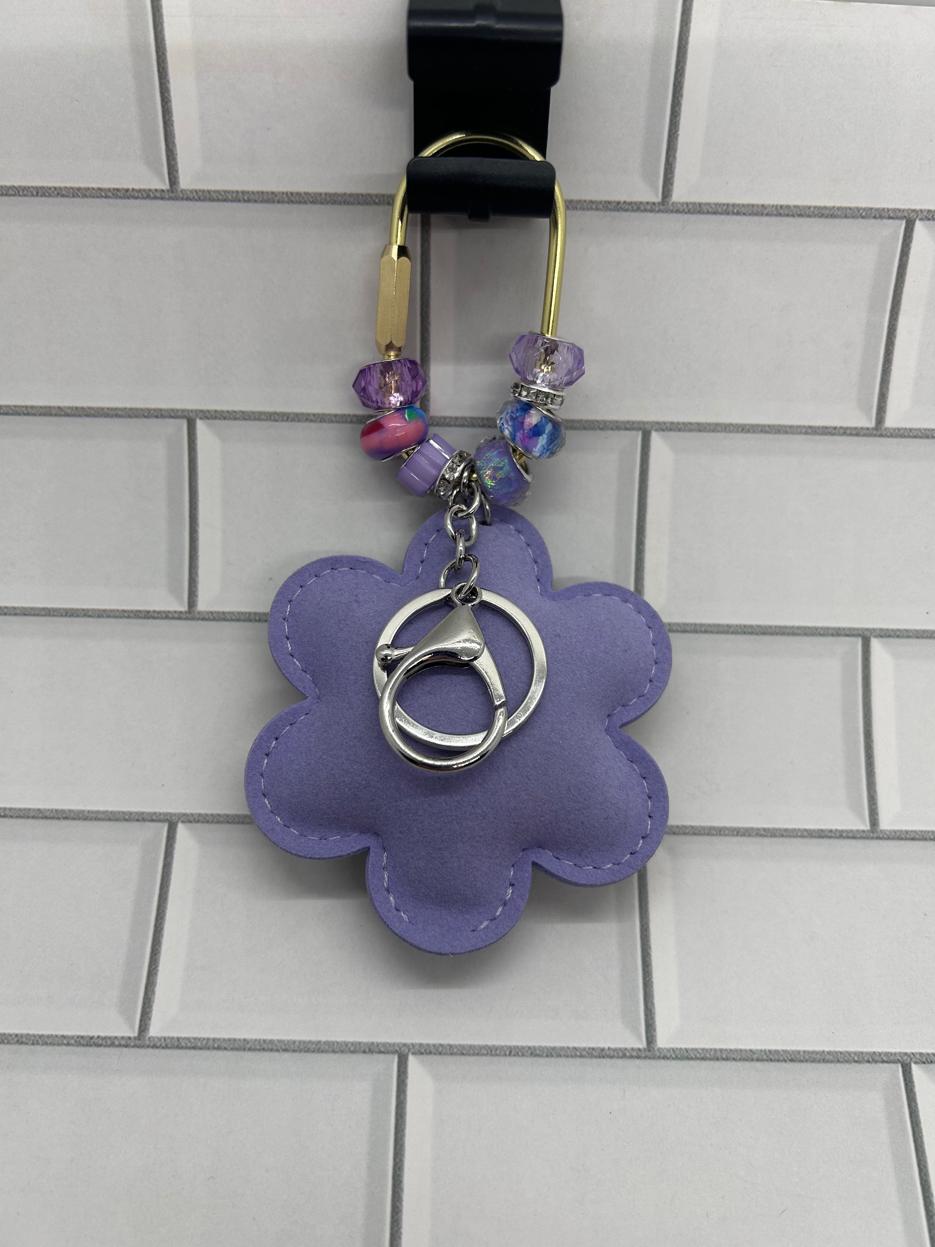Gold Carabiner Beaded Bag Charms-Purple Acrylic Beads with Rhinestone Flower Charm