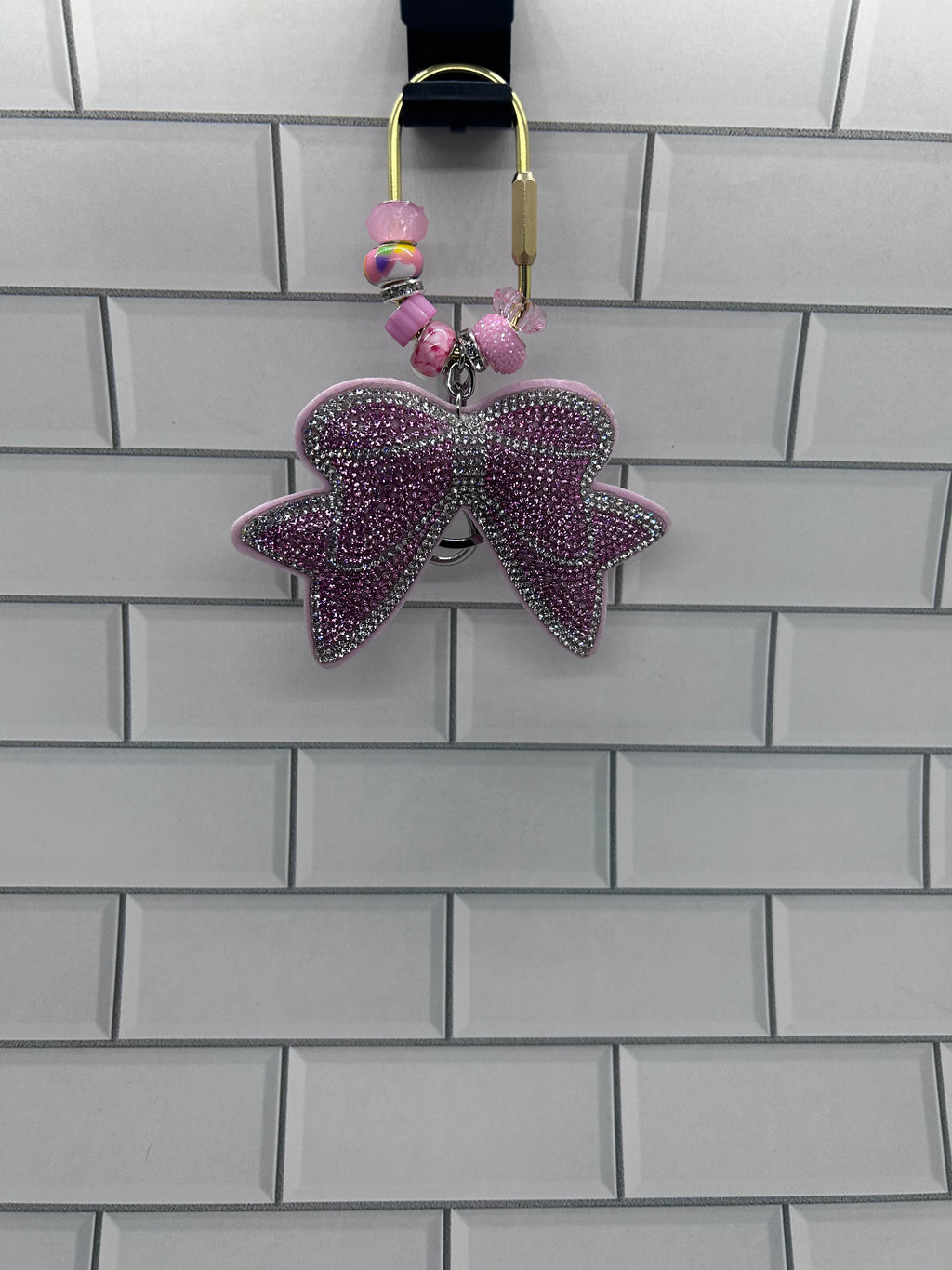 Gold Carabiner Beaded Bag Charms-Pink Acrylic Beads with Rhinestone Bow Charm