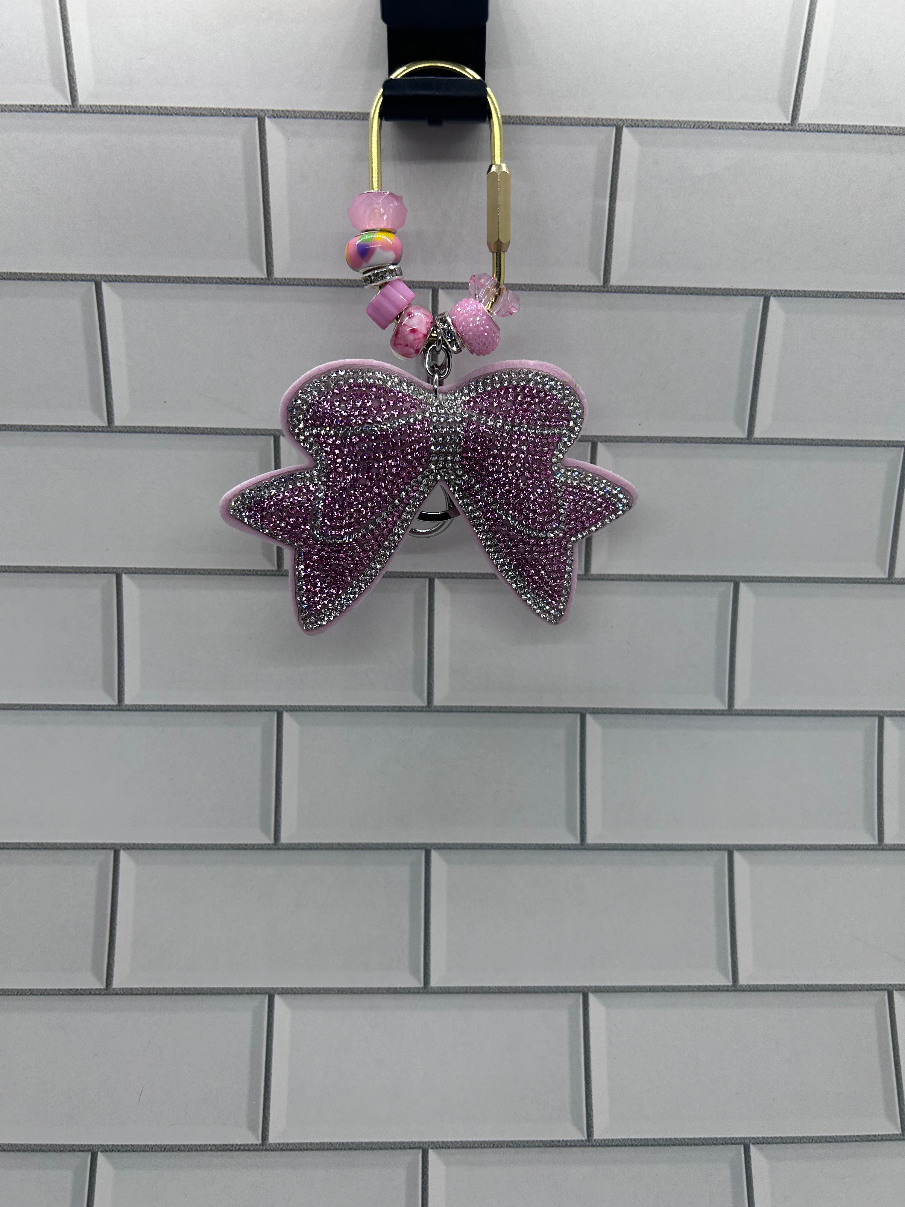 Gold Carabiner Beaded Bag Charms-Pink Acrylic Beads with Rhinestone Bow Charm