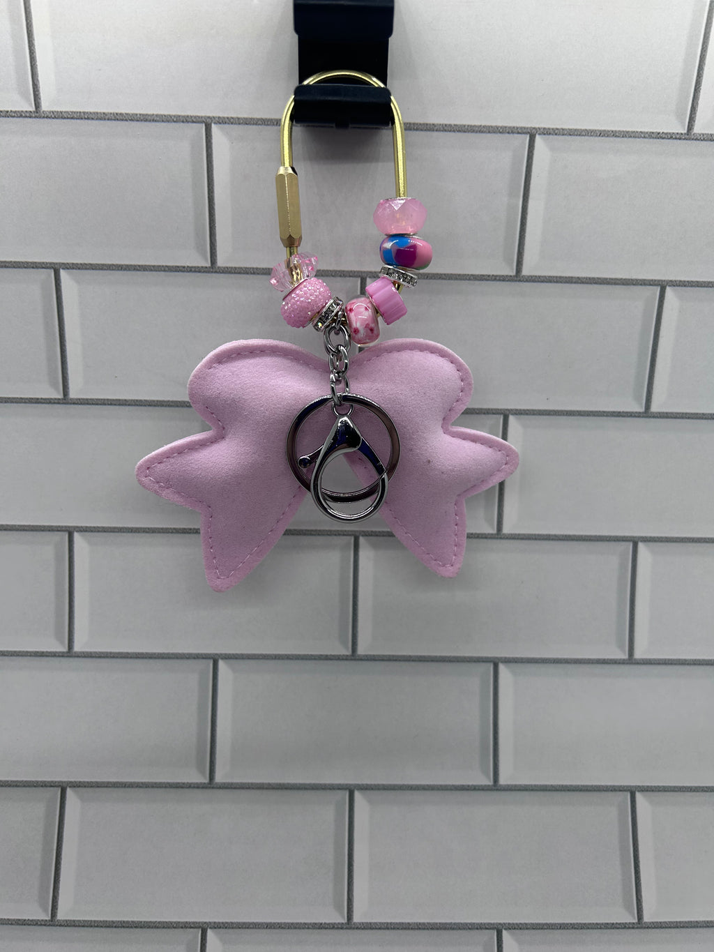 Gold Carabiner Beaded Bag Charms-Pink Acrylic Beads with Rhinestone Bow Charm