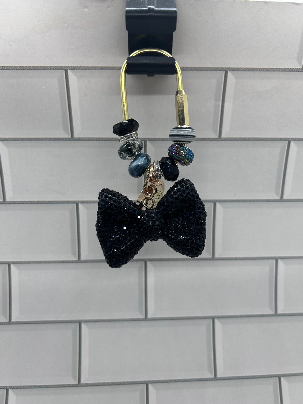 Gold Carabiner Beaded Bag Charms-Black Acrylic Beads with Black Rhinestone Bow Charm