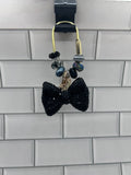 Gold Carabiner Beaded Bag Charms-Black Acrylic Beads with Black Rhinestone Bow Charm