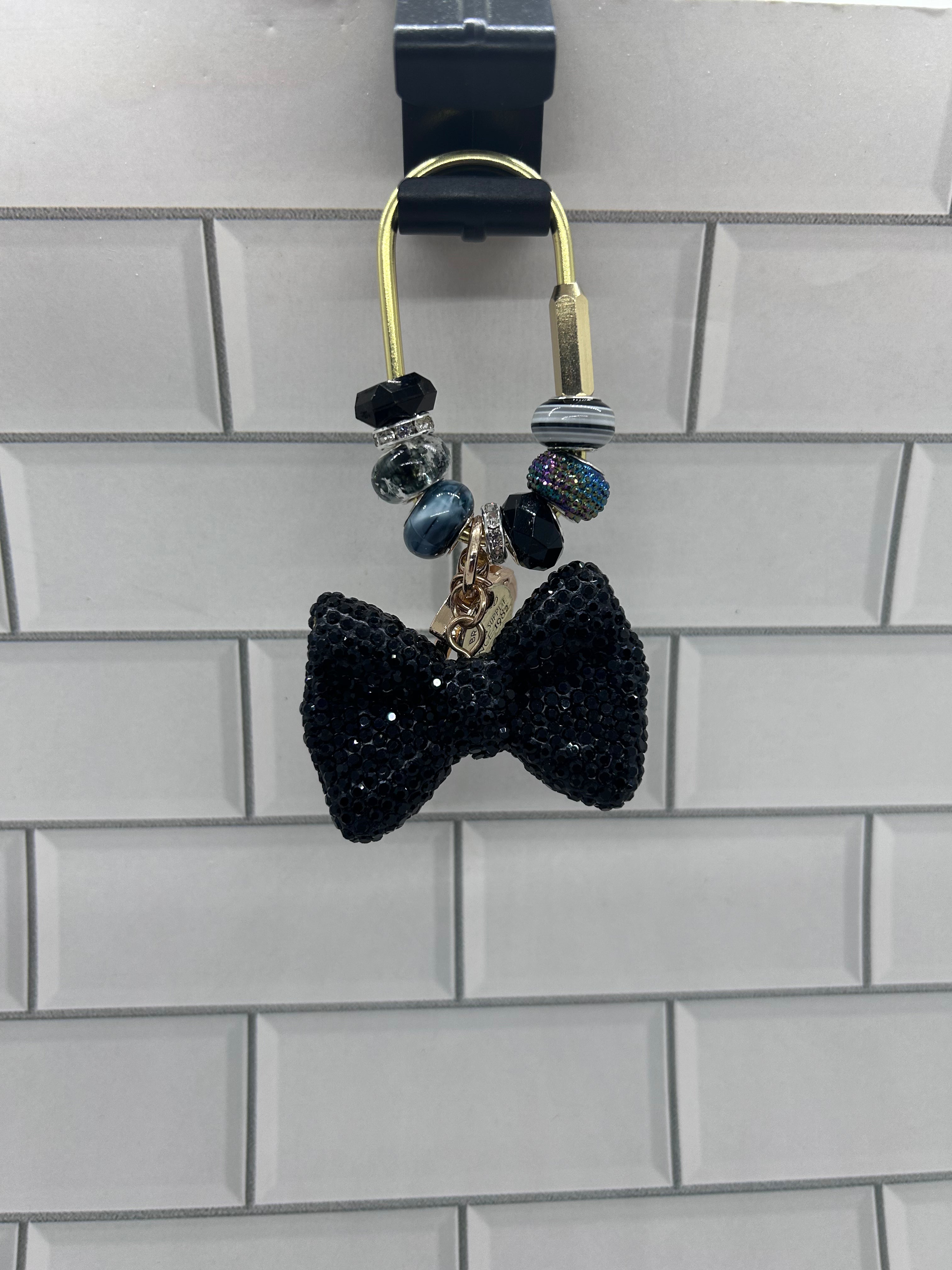 Gold Carabiner Beaded Bag Charms-Black Acrylic Beads with Black Rhinestone Bow Charm