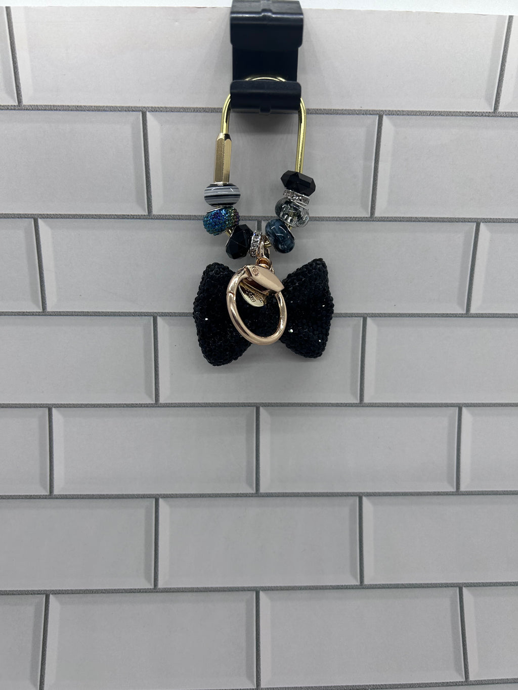 Gold Carabiner Beaded Bag Charms-Black Acrylic Beads with Black Rhinestone Bow Charm