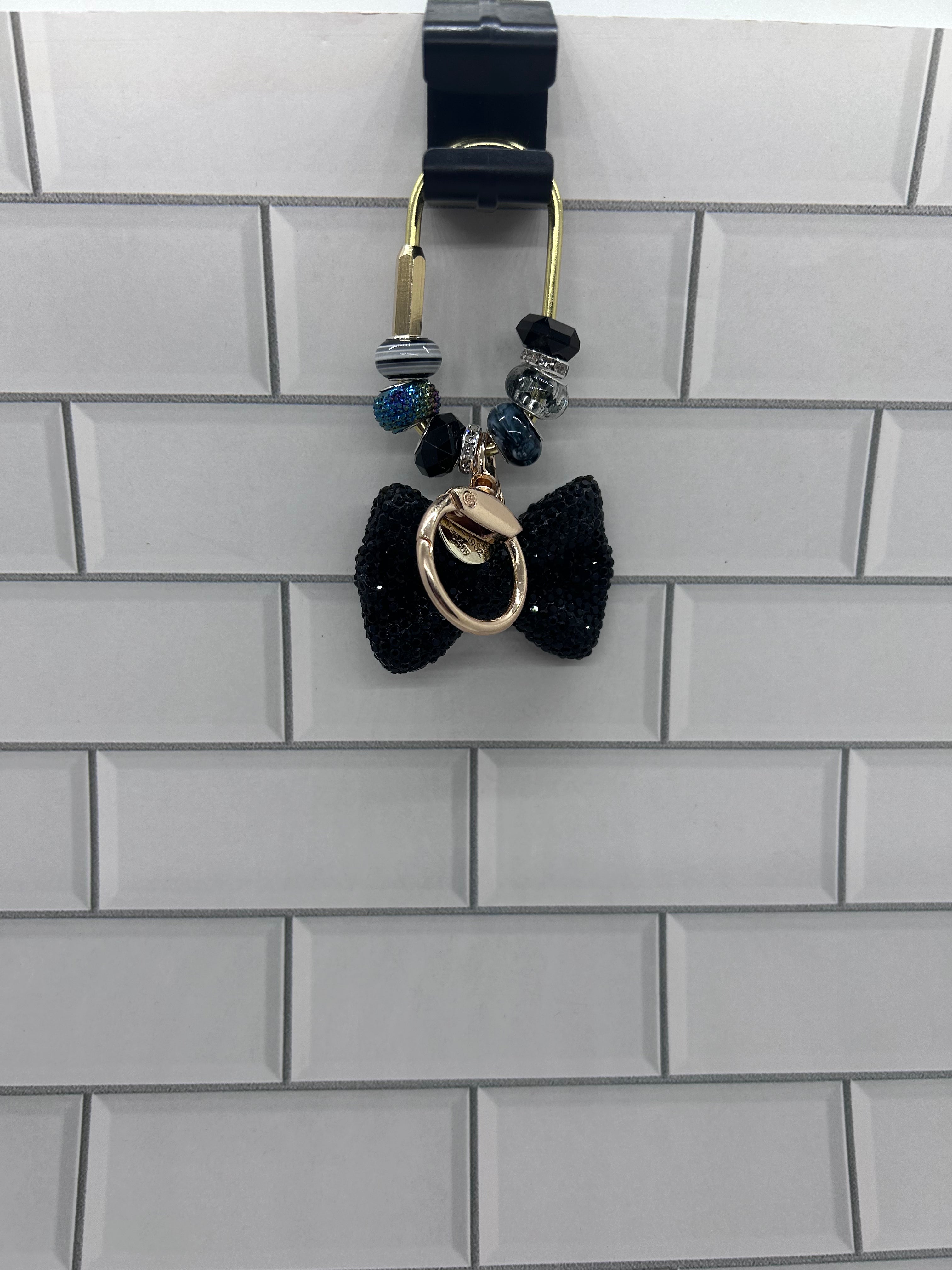 Gold Carabiner Beaded Bag Charms-Black Acrylic Beads with Black Rhinestone Bow Charm