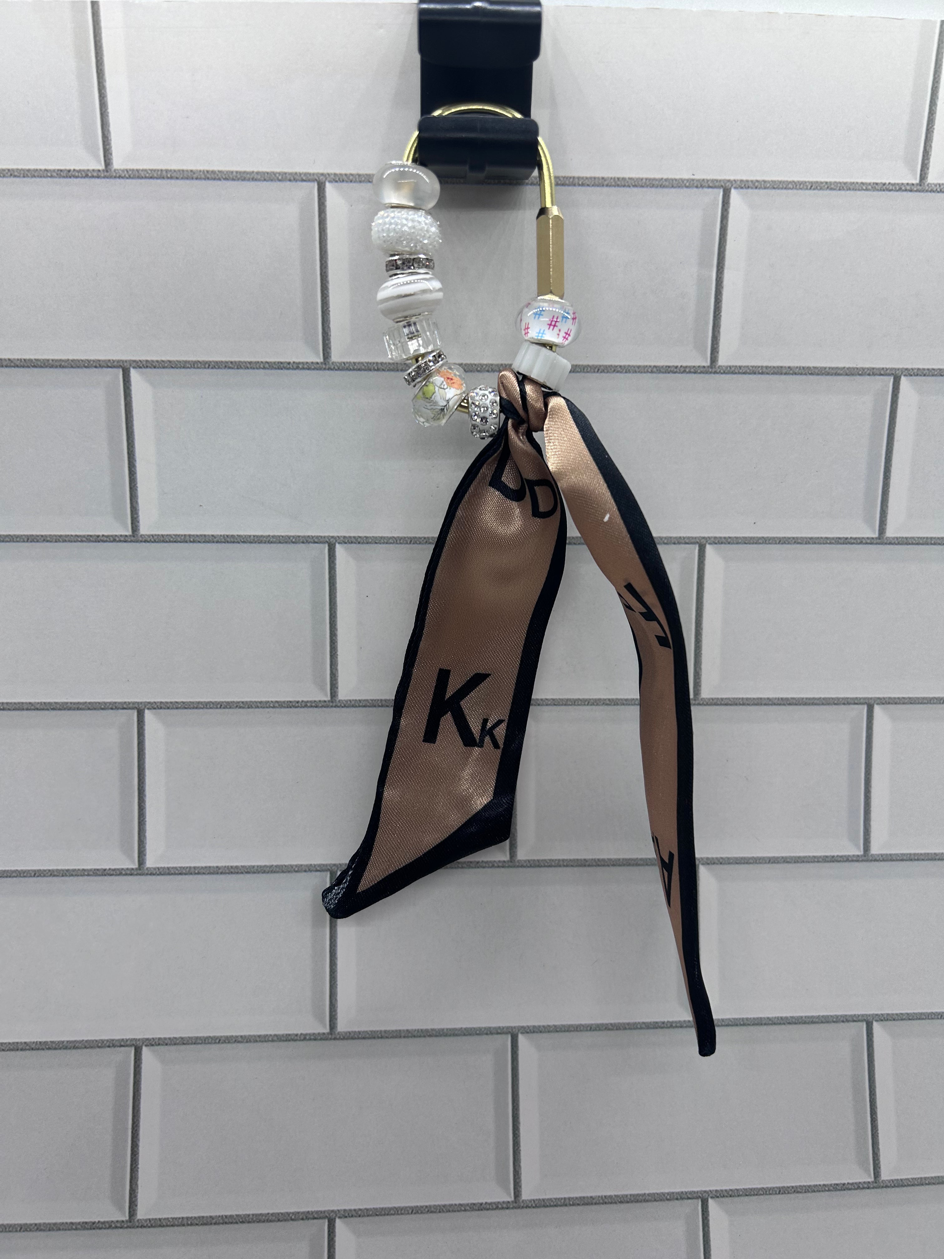 Gold Carabiner Beaded Bag Charms-White Acrylic Beads with Black/Gold Scarf