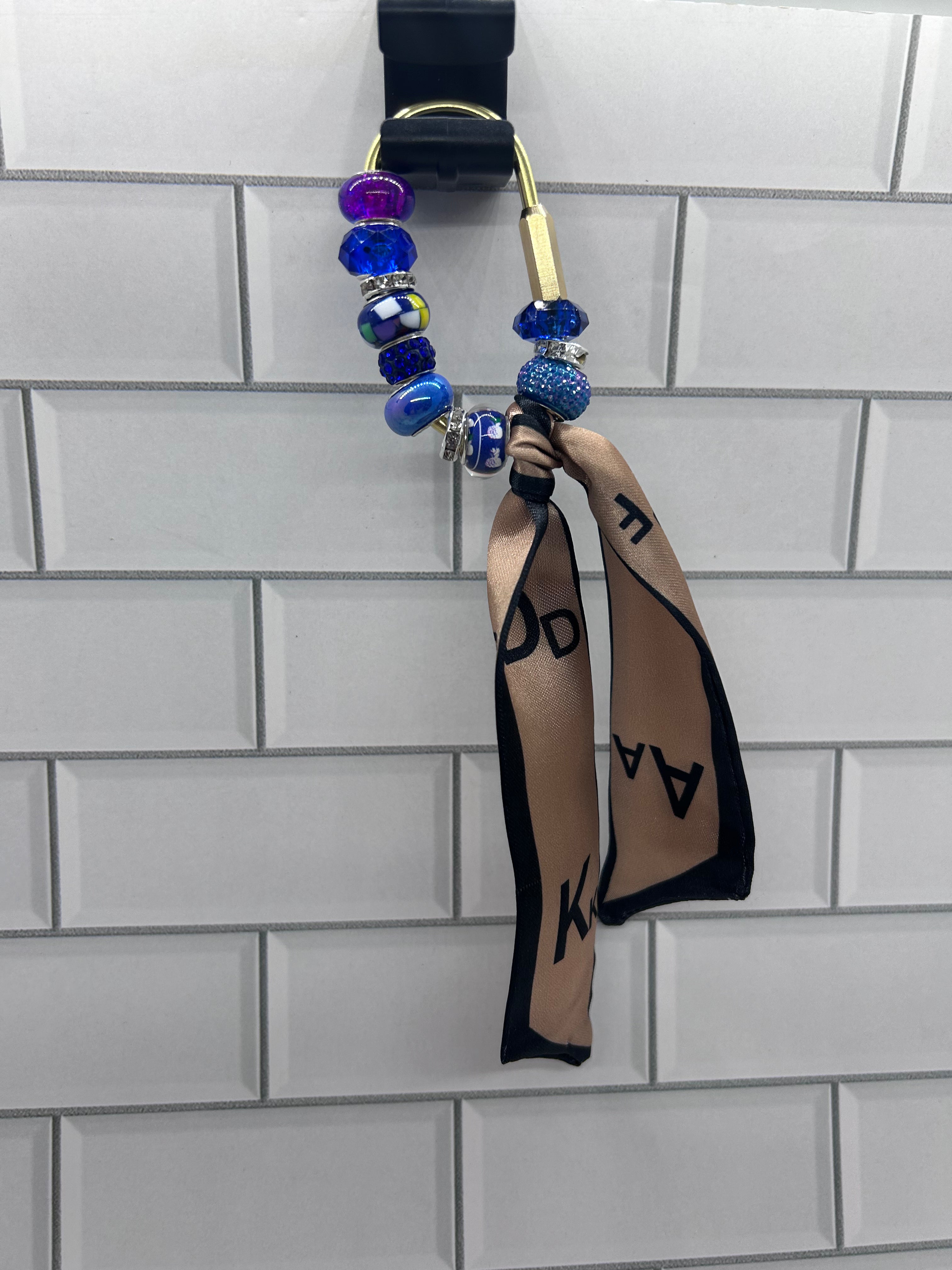 Gold Carabiner Beaded Bag Charms-Blue Acrylic Beads with Black/Gold Scarf