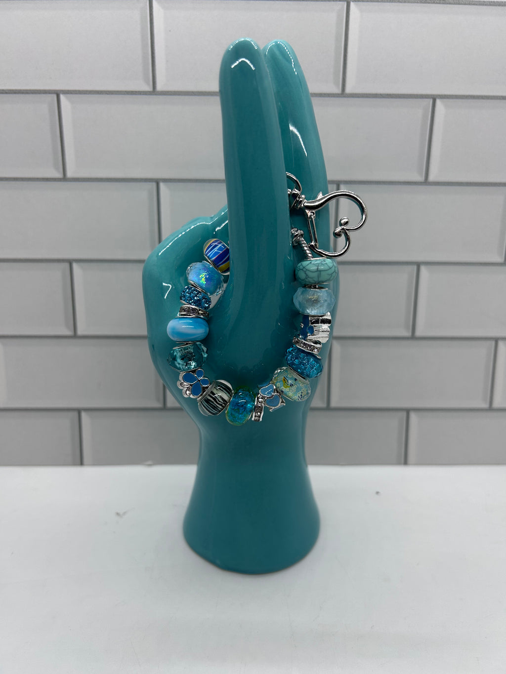 Beaded Silver Bag Charms-Blue Acrylic Beads & Spacers with Heart Shaped Clasp