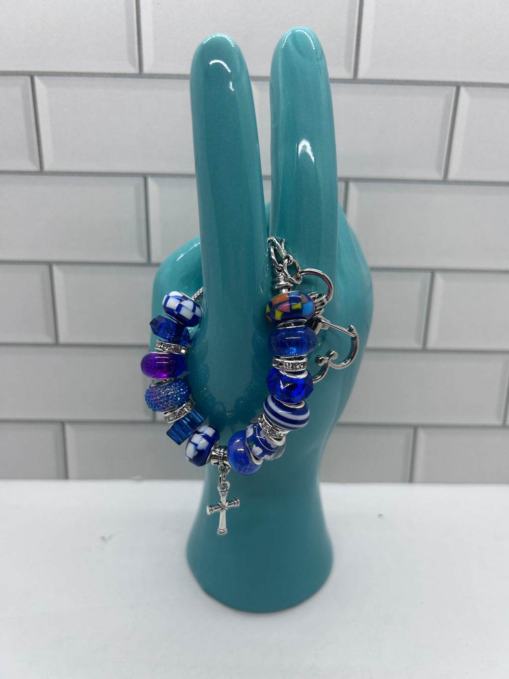 Beaded Silver Bag Charms-Dark Blue Acrylic Beads with Silver Cross Charm with Heart Shaped Clasp