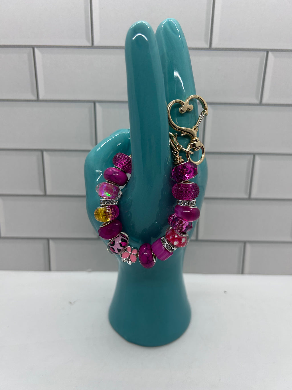 Beaded Gold  Bag Charms-Dark Pink Acrylic Beads & Spacers with Heart Shaped Clasp