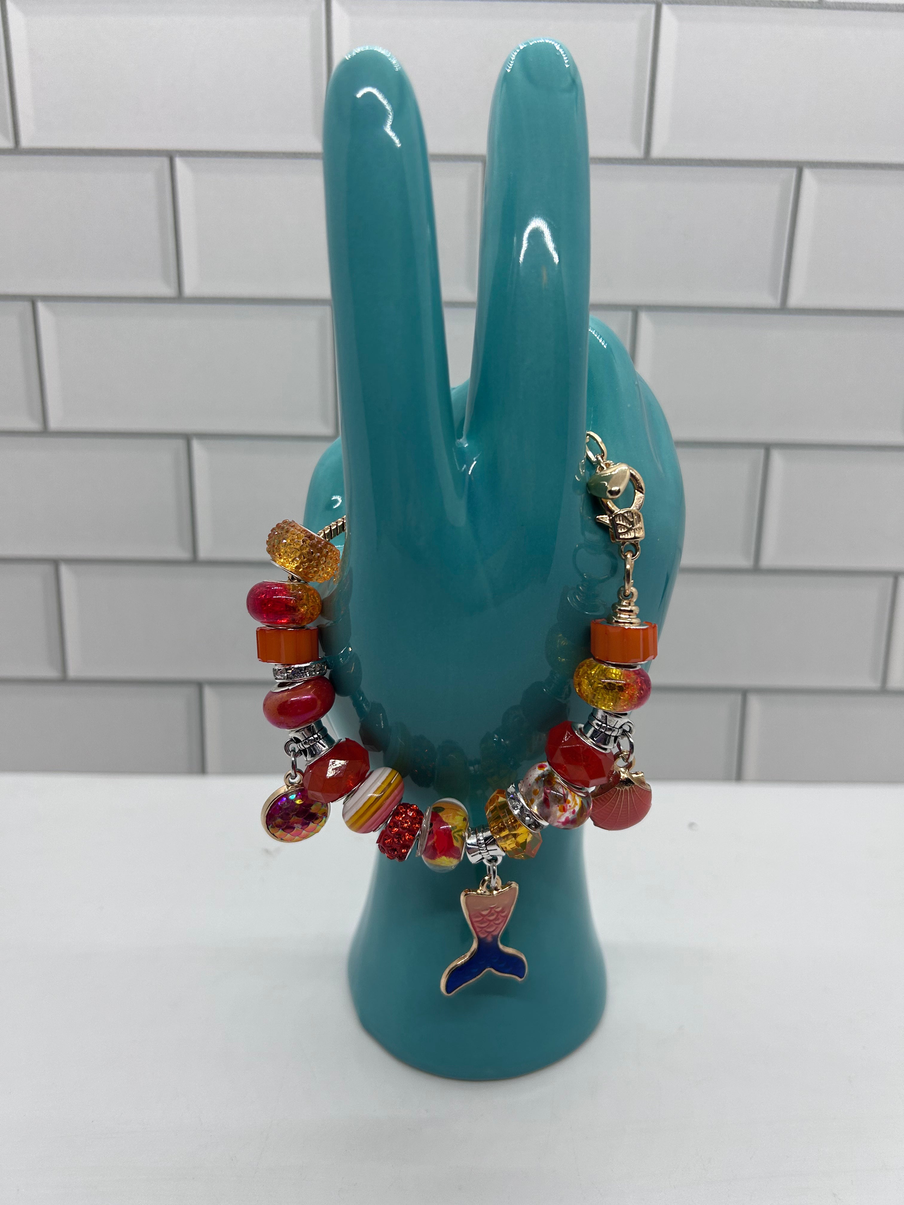Beaded Gold Bracelet-Orange Acrylic Beads with Mermaid Theme Charms