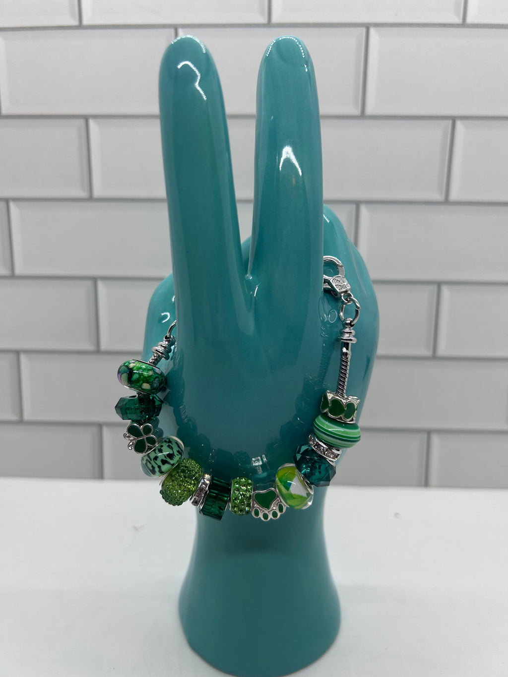 Beaded Silver Bracelet-Green Acrylic Beads & Spacers