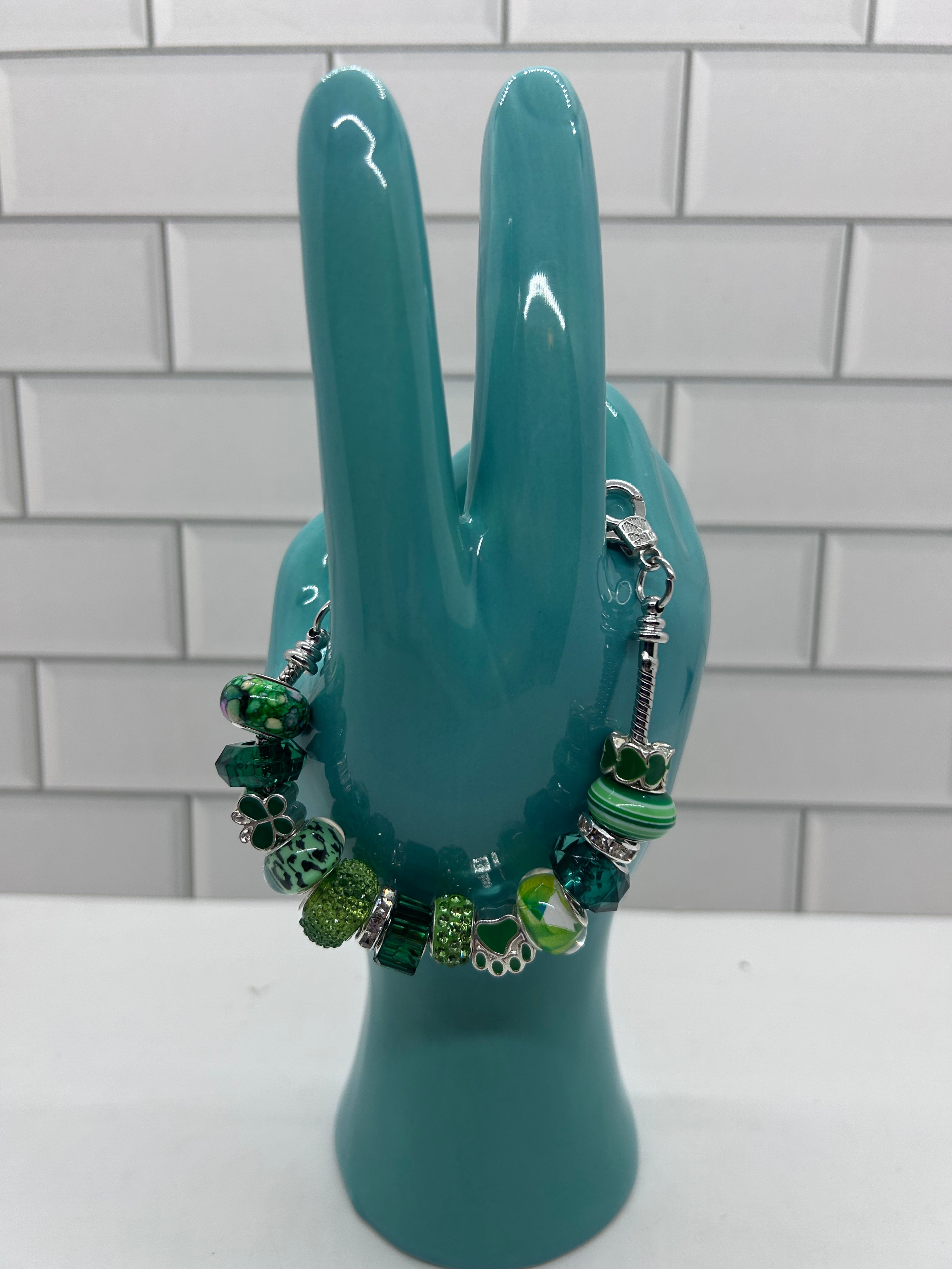 Beaded Silver Bracelet-Green Acrylic Beads & Spacers