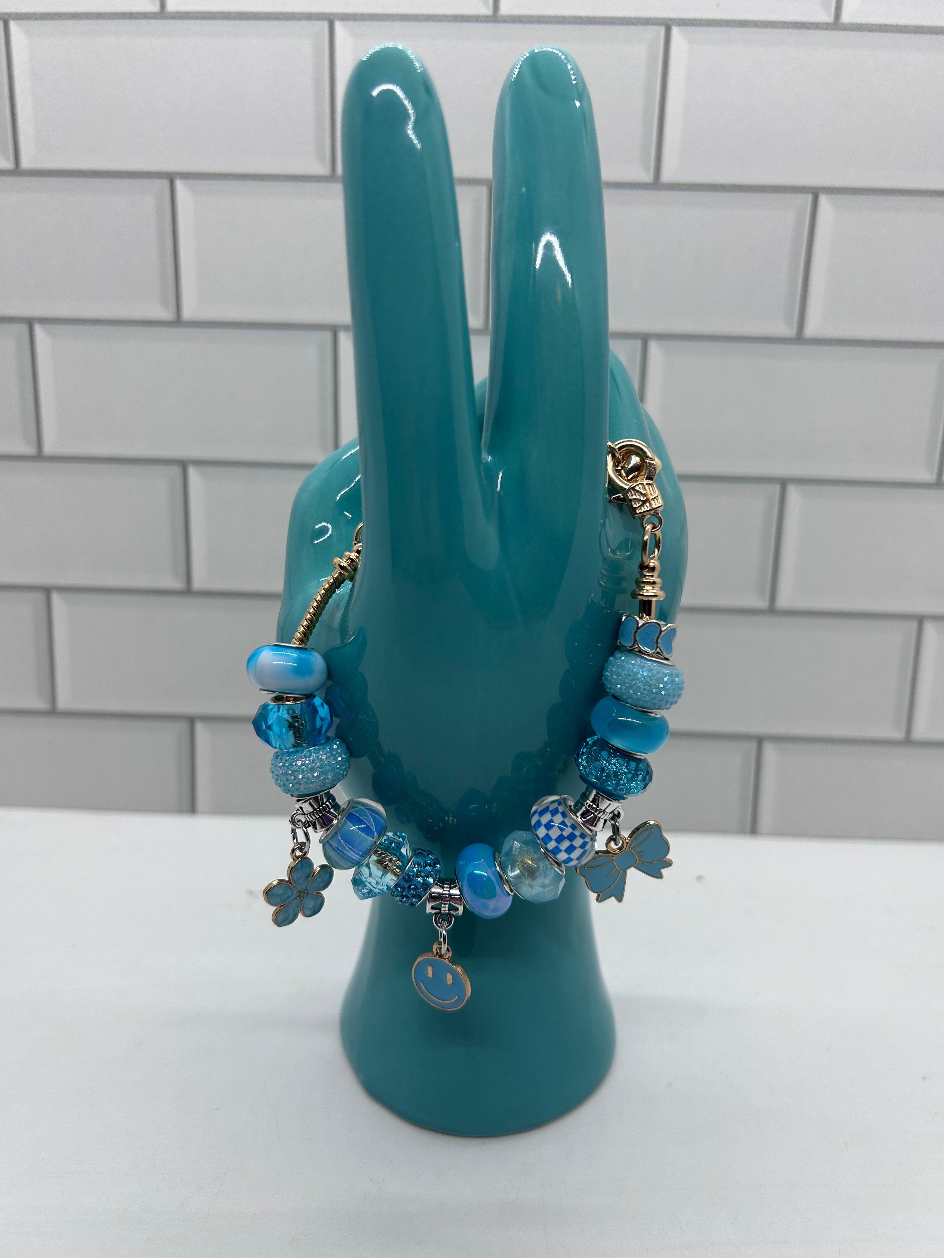 Beaded Gold  Bracelet-Blue Acrylic Beads & Spacers with Blue Charms