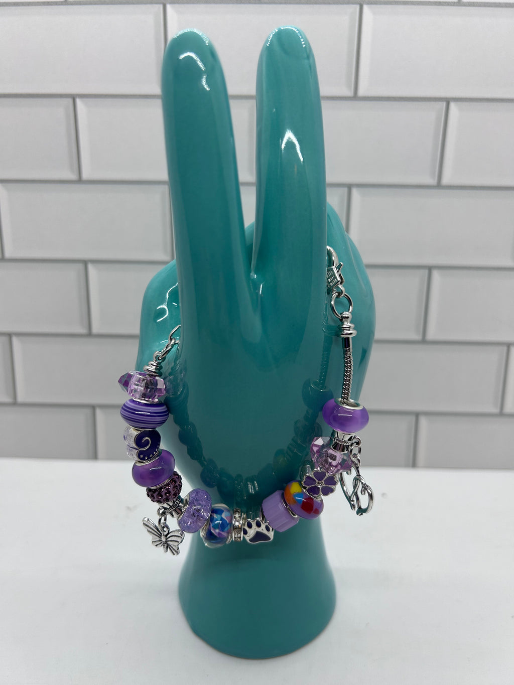 Beaded Silver Bracelet-Purple Acrylic Beads & Spacers with Silver Charms