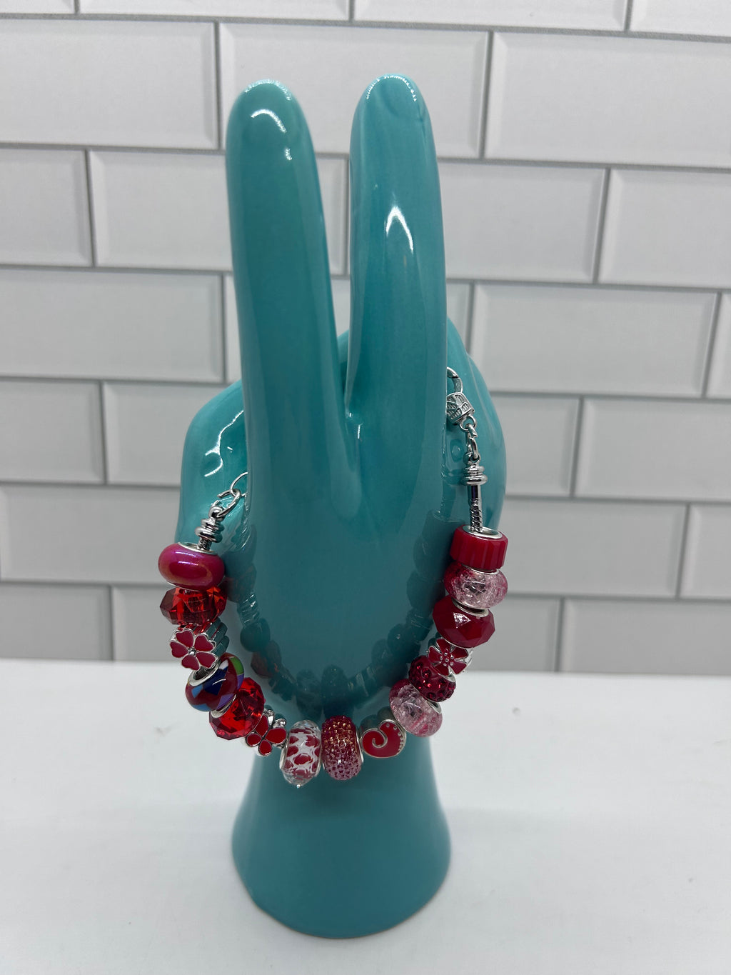 Beaded Silver Bracelet-Red  Acrylic Beads & Spacers