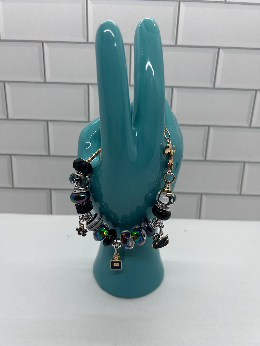Beaded Gold Bracelet-Black Acrylic Beads & Spacers with Black Charms