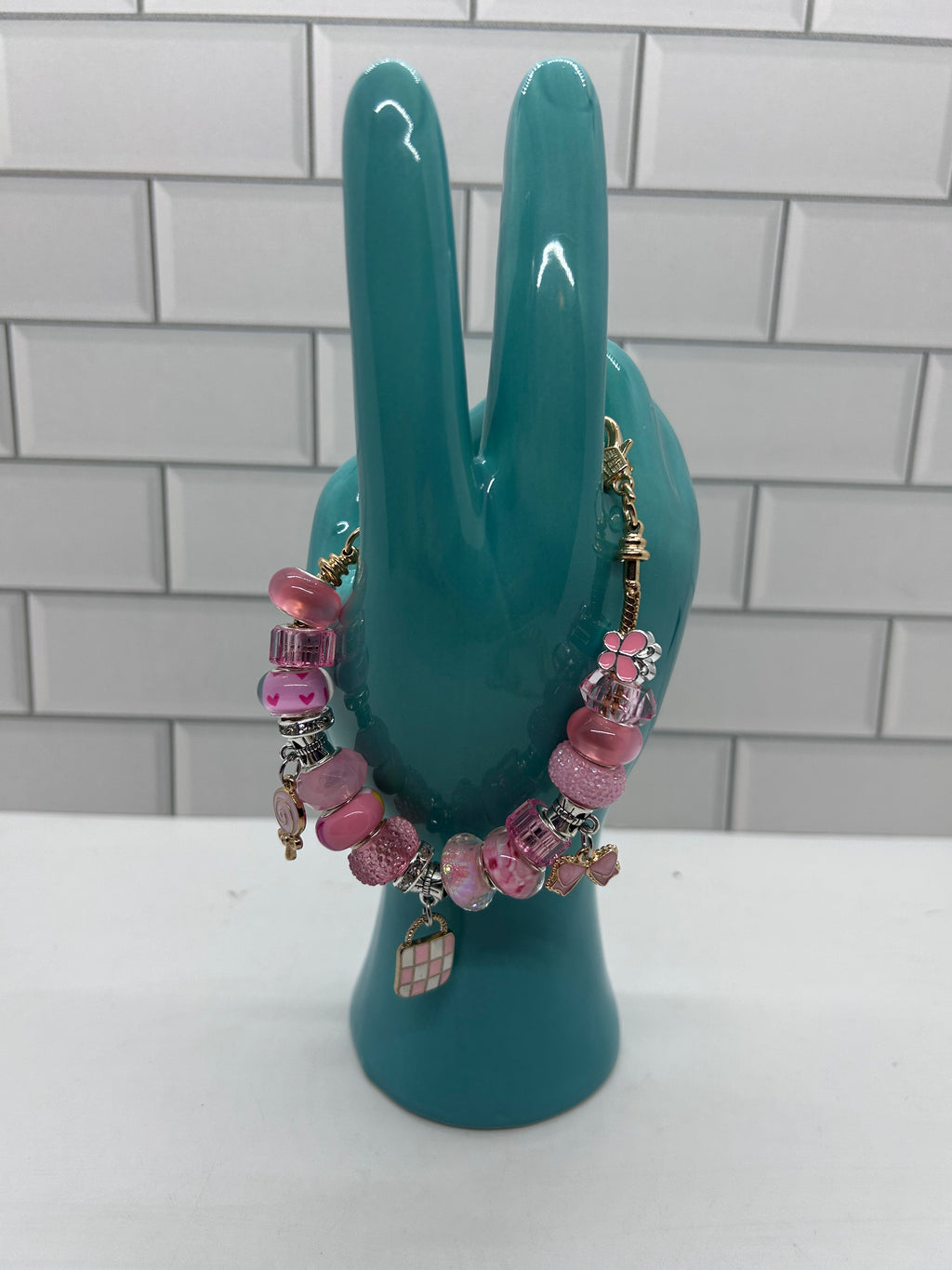 Beaded Gold Bracelet-Pink Acrylic Beads & Spacers with Pink Charms