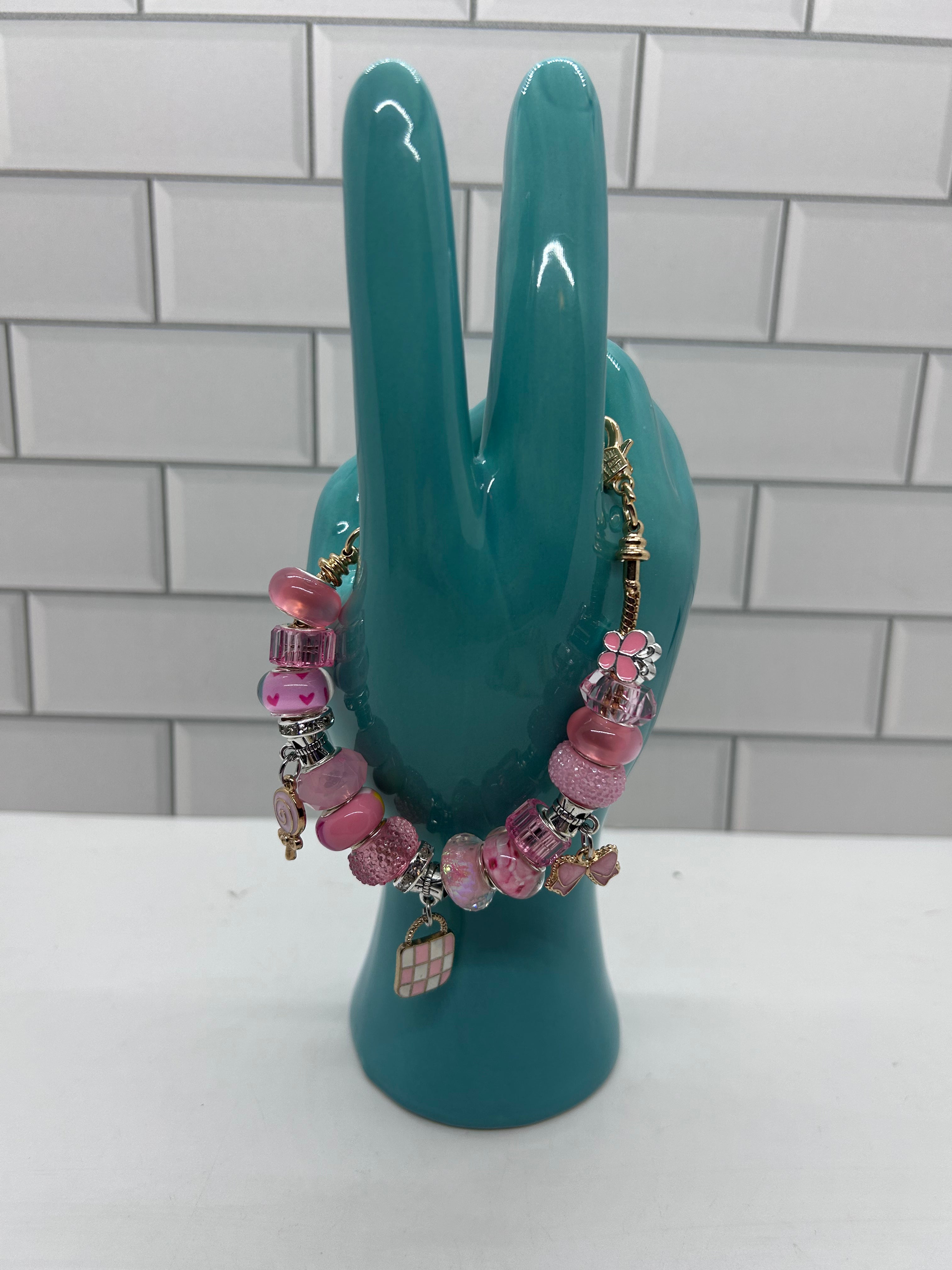 Beaded Gold Bracelet-Pink Acrylic Beads & Spacers with Pink Charms