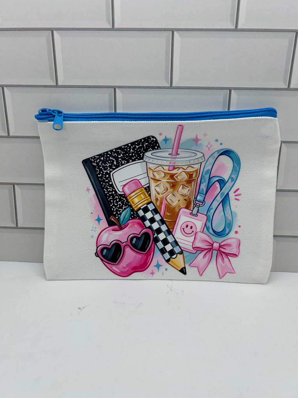 Canvas Makeup Bag Featuring Pink, Blue Teacher Theme with a Blue Zipper-5.7 inches x 7.9 inches