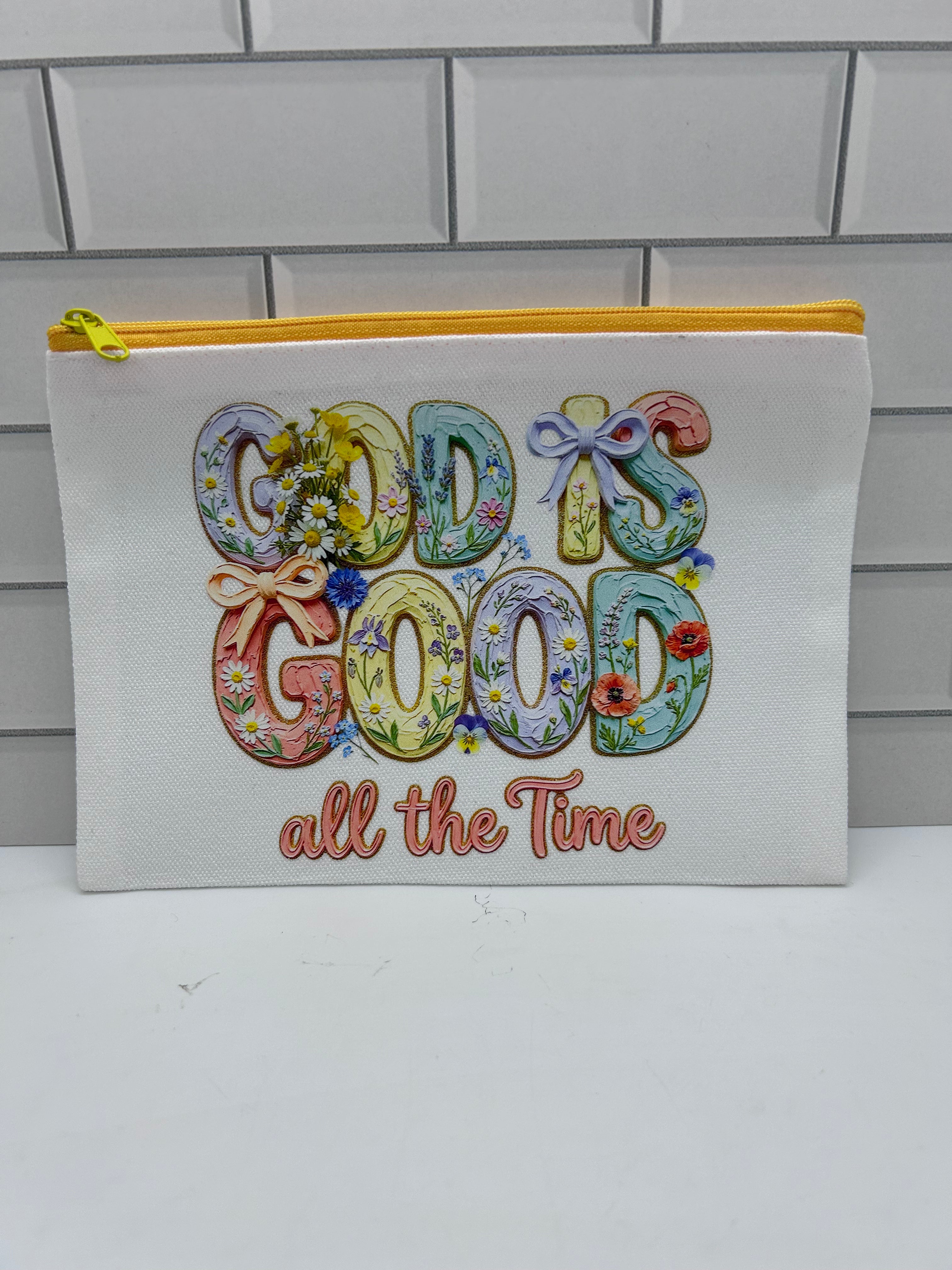 Canvas Makeup Bag Featuring God is Good all the time Theme with a Yellow Zipper-5.7 inches x 7.9 inches