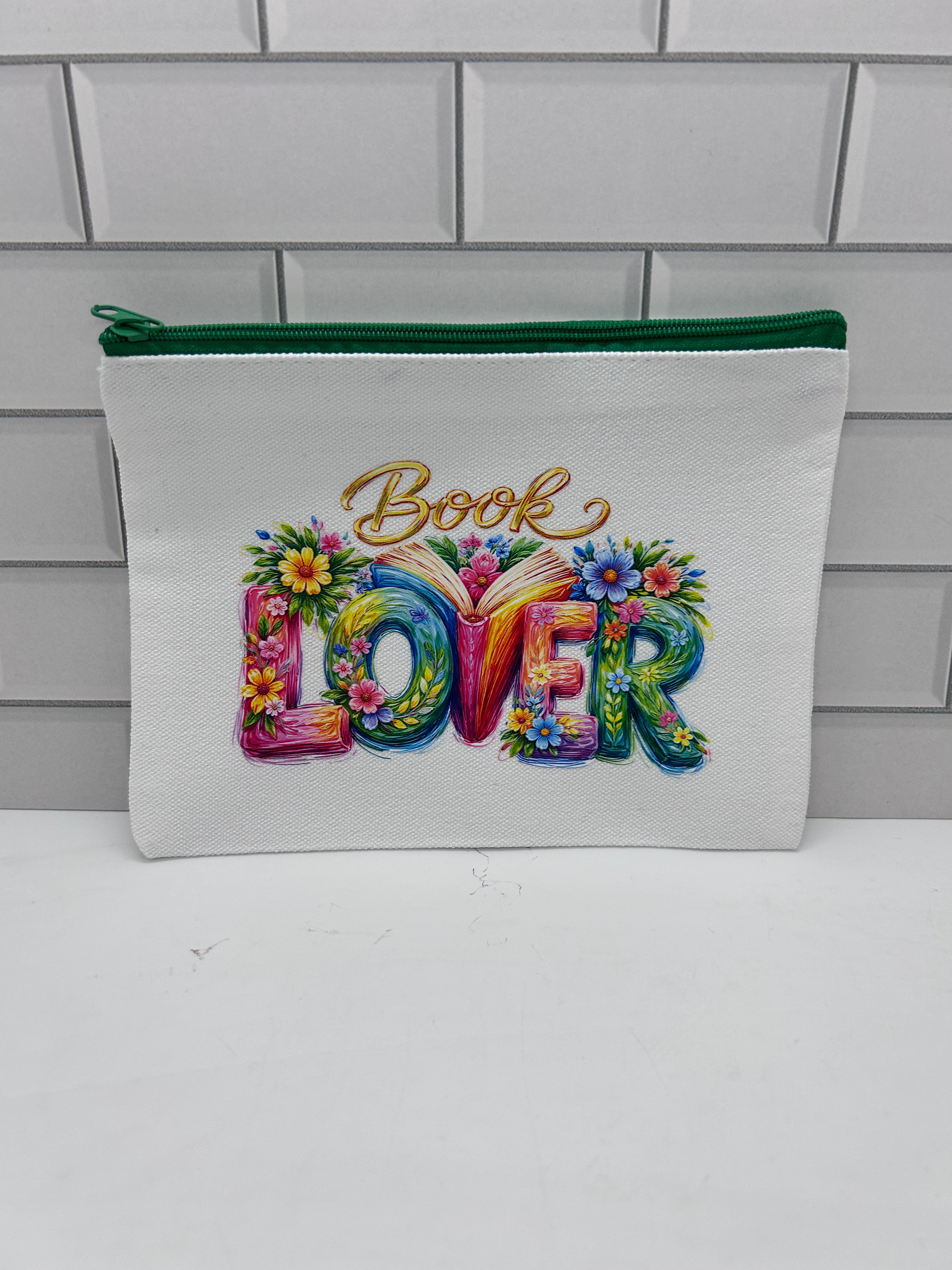 Canvas Makeup Bag Featuring Book Lover Theme with a Green Zipper-5.7 inches x 7.9 inches