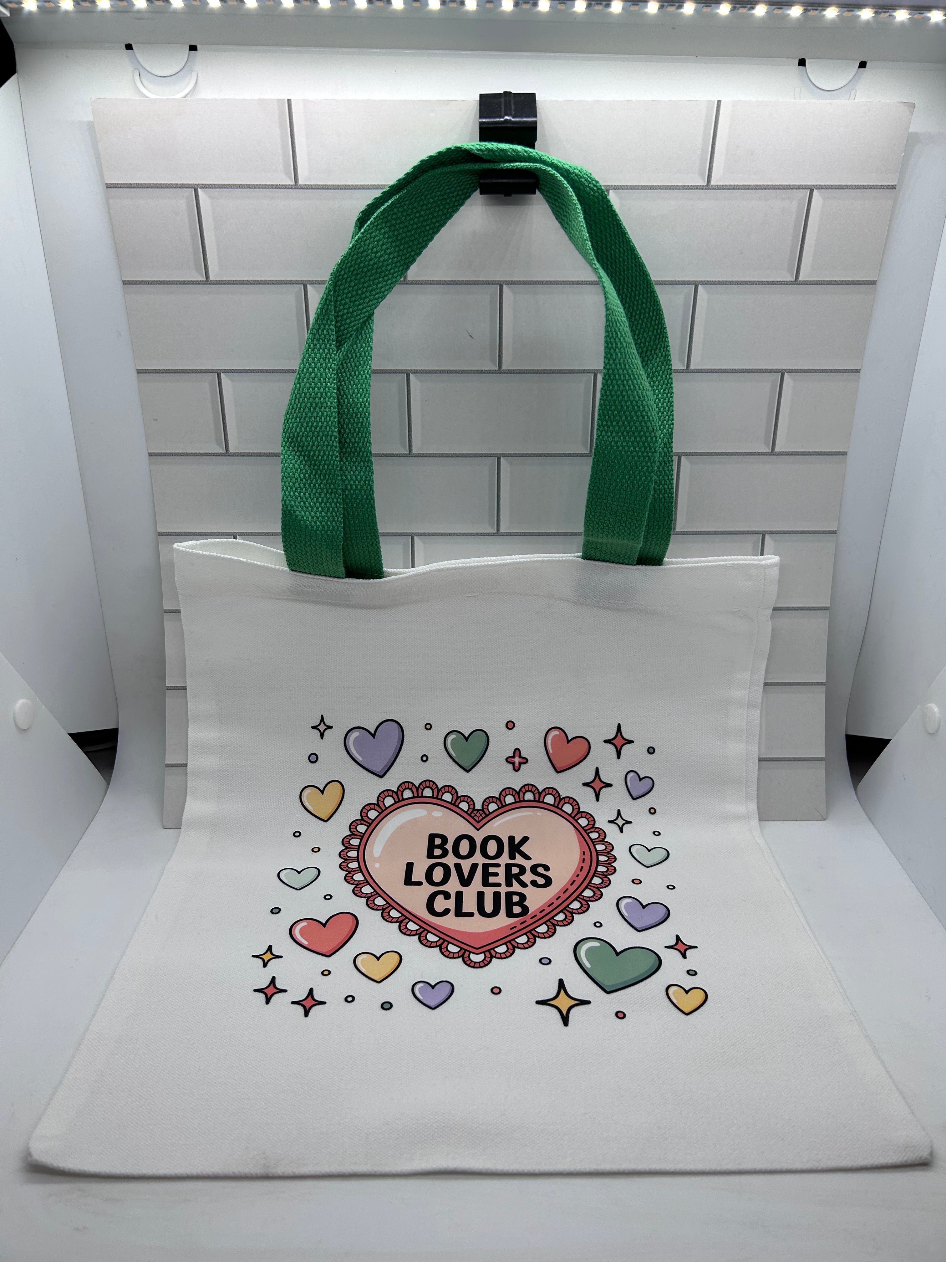 Canvas Tote Bag Featuring Book Lovers Club Heart Theme with a Green Handle-13.7x11.8