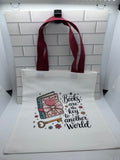 Canvas Tote Bag Featuring Books are the key to another world Theme with a Redish Brown Handle -13.7x11.8