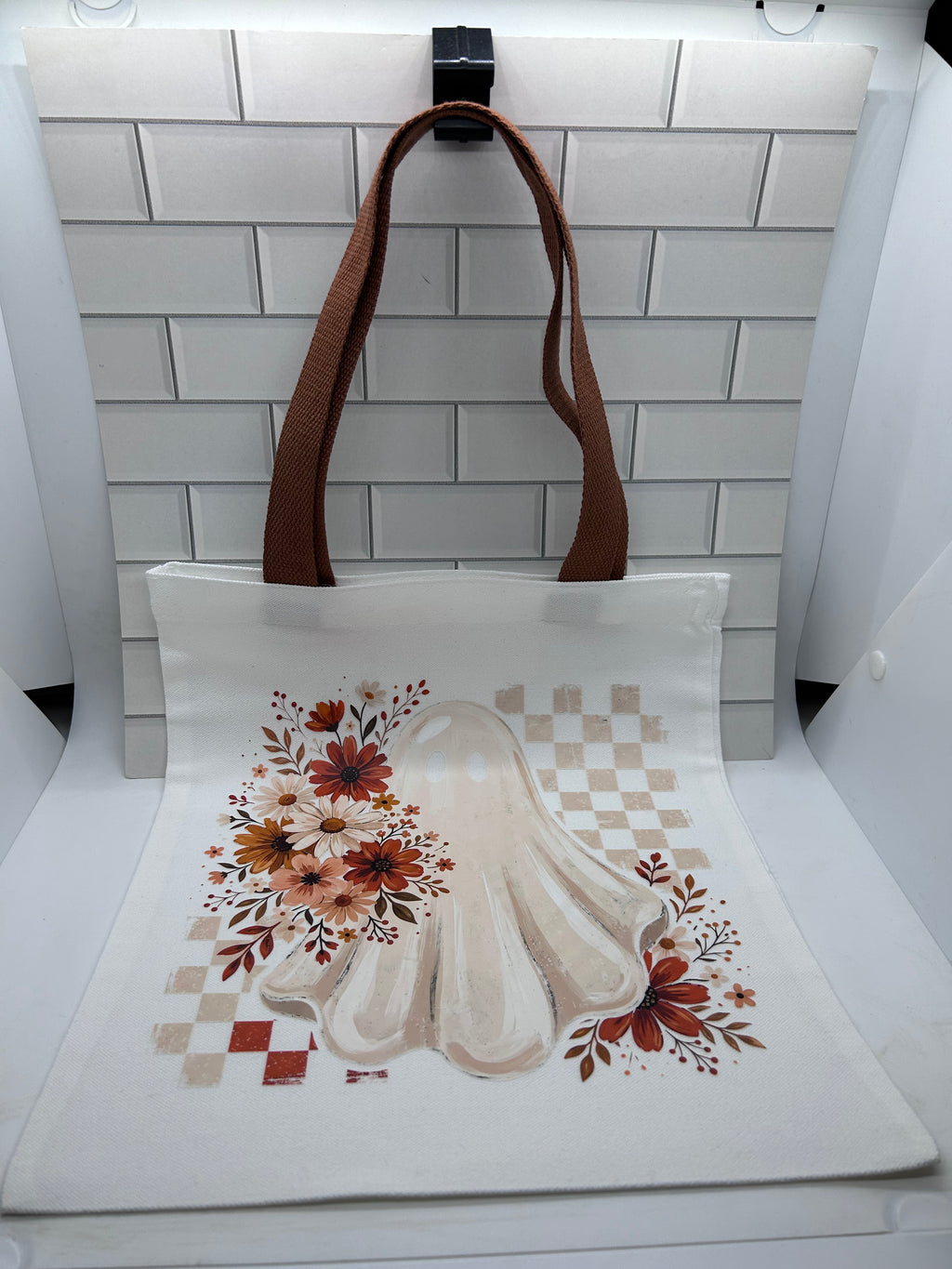 Canvas Tote Bag Featuring A Ghost with Fall Theme with a Brown Handle -13.7x11.8