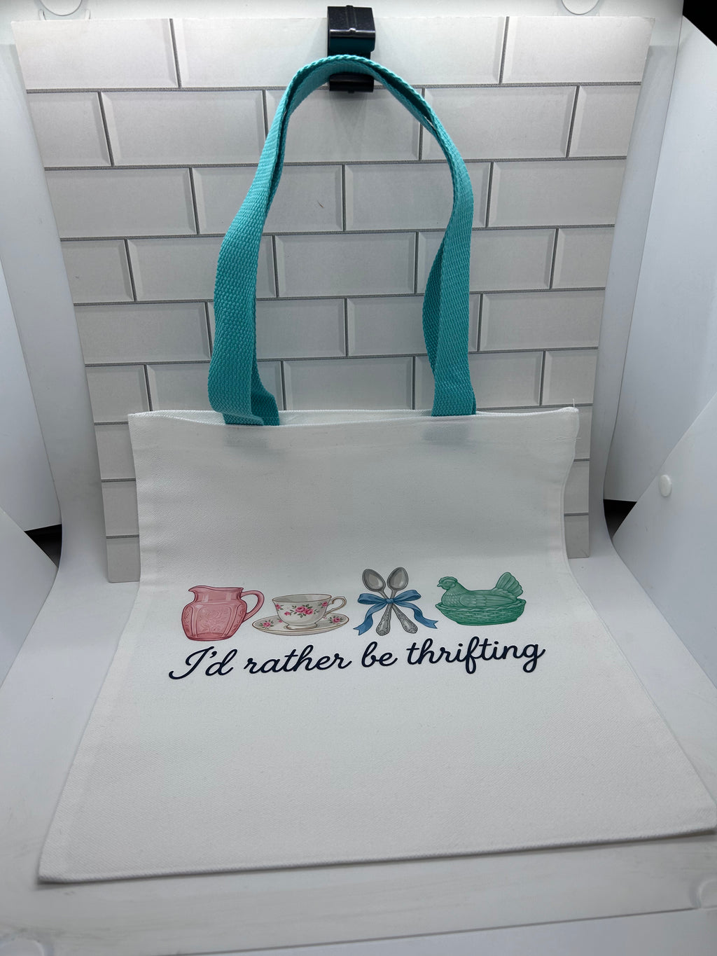 Canvas Tote Bag Featuring I’d rather be thrifting Theme with a Light Blue Handle-13.7x11.8