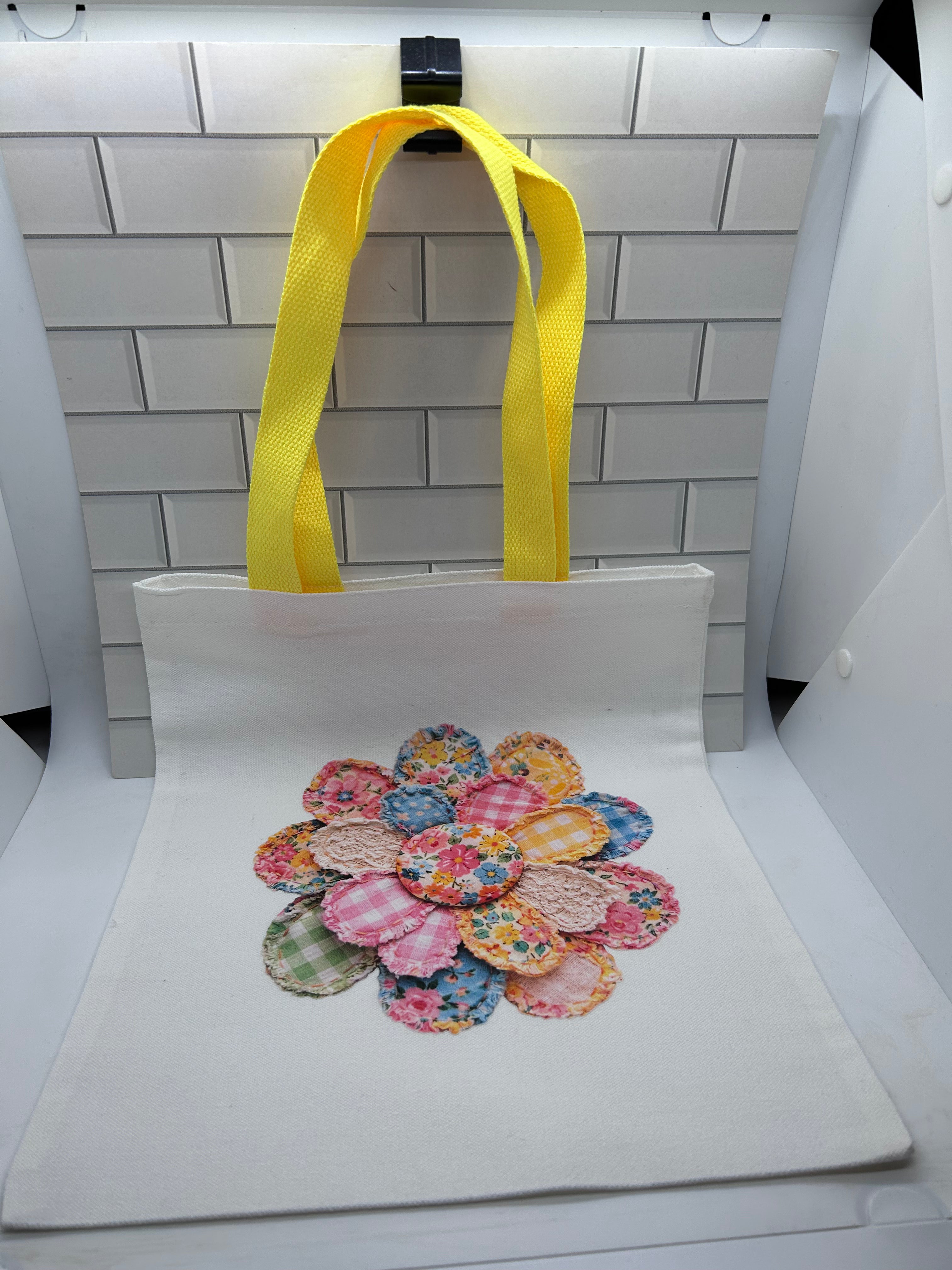 Canvas Tote Bag Featuring A Patchwork Flower Theme with a Yellow Handle-13.7x11.8
