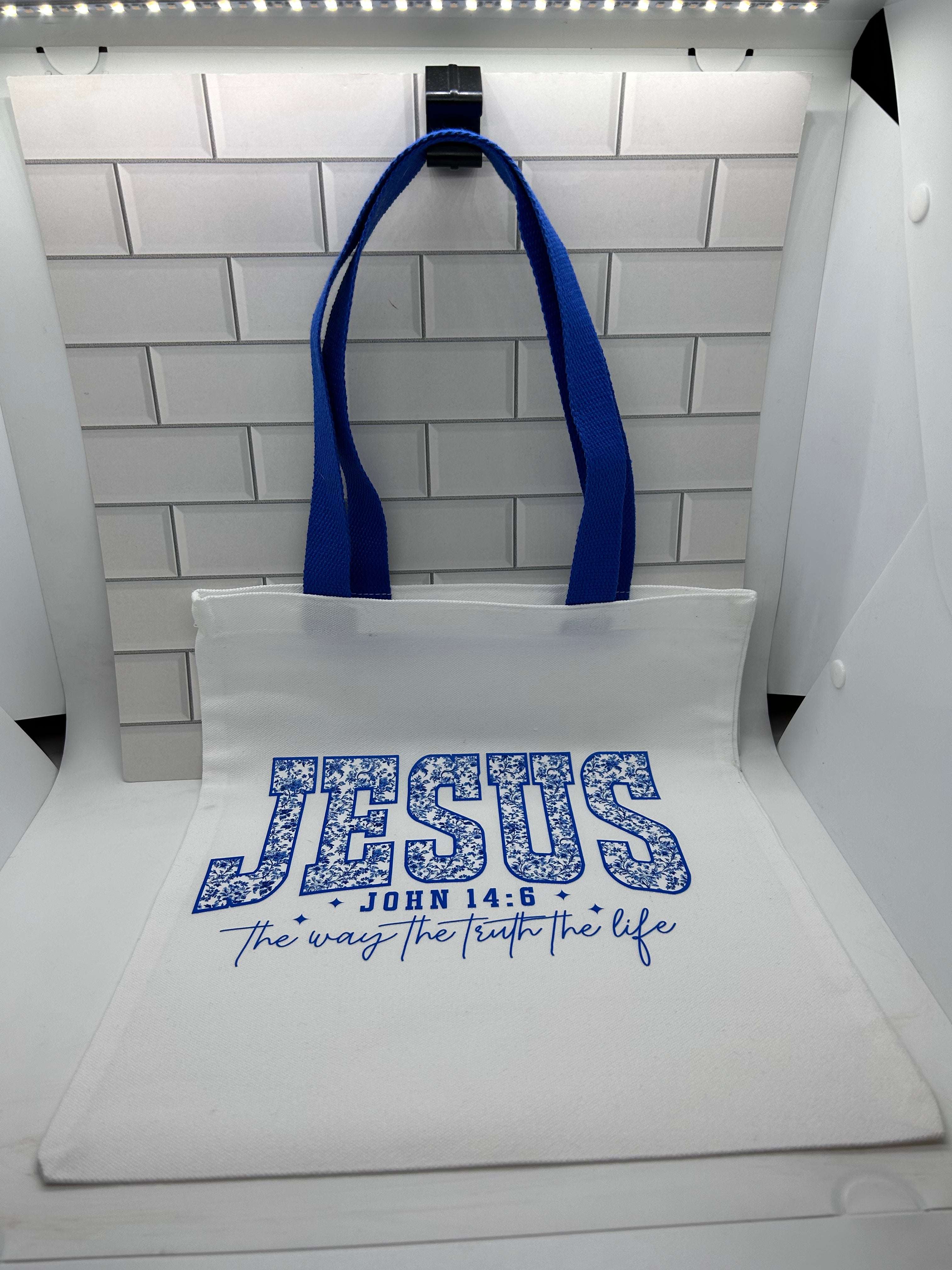 Canvas Tote Bag Featuring A Jesus-John 14:6 Theme with a Blue Handle-13.7x11.8