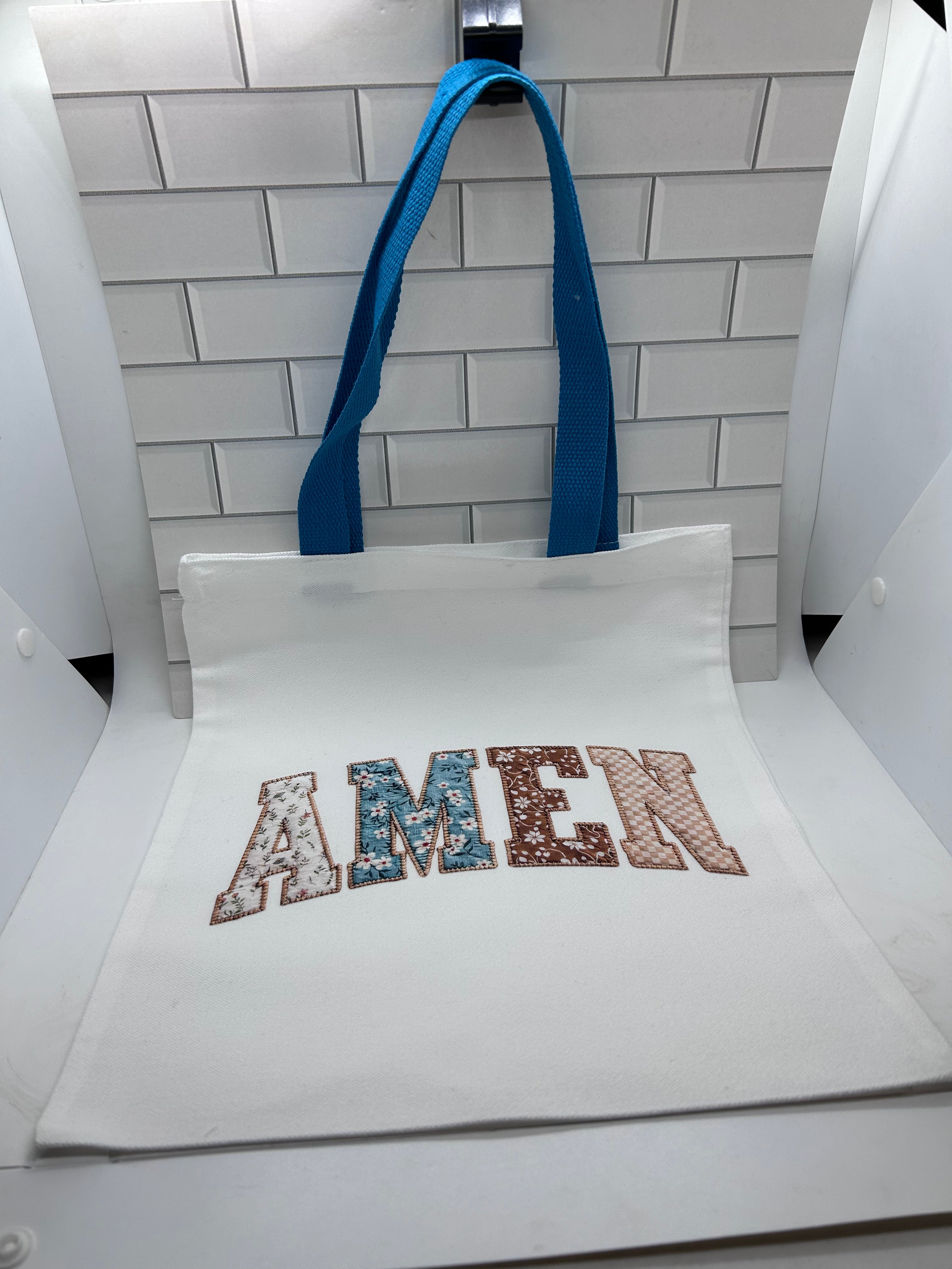 Canvas Tote Bag Featuring Amen Patchwork Theme with a Off Blue Handle-13.7x11.8