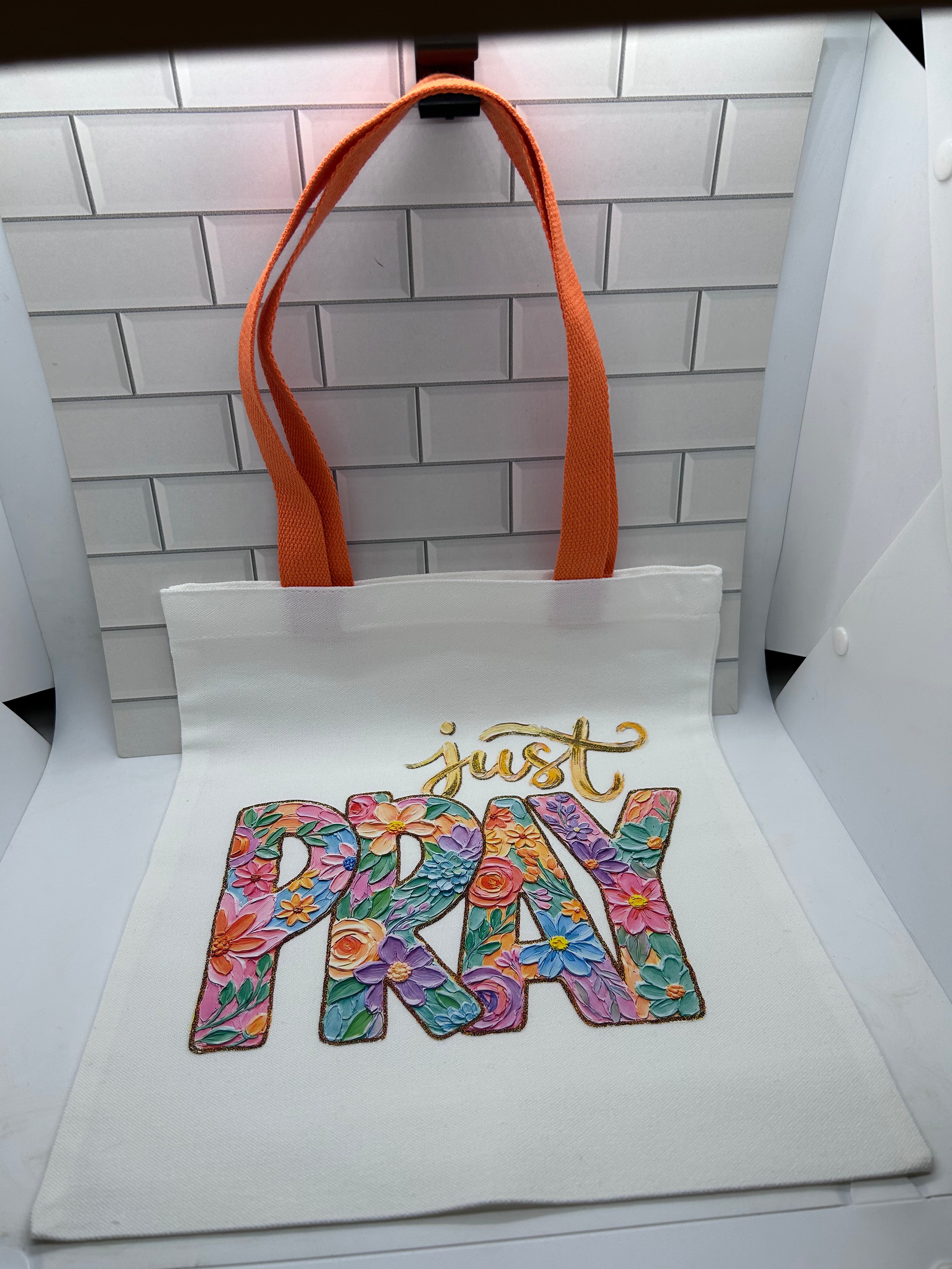 Canvas Tote Bag Featuring Just Pray Patchwork Theme with a Orange  Handle-13.7x11.8
