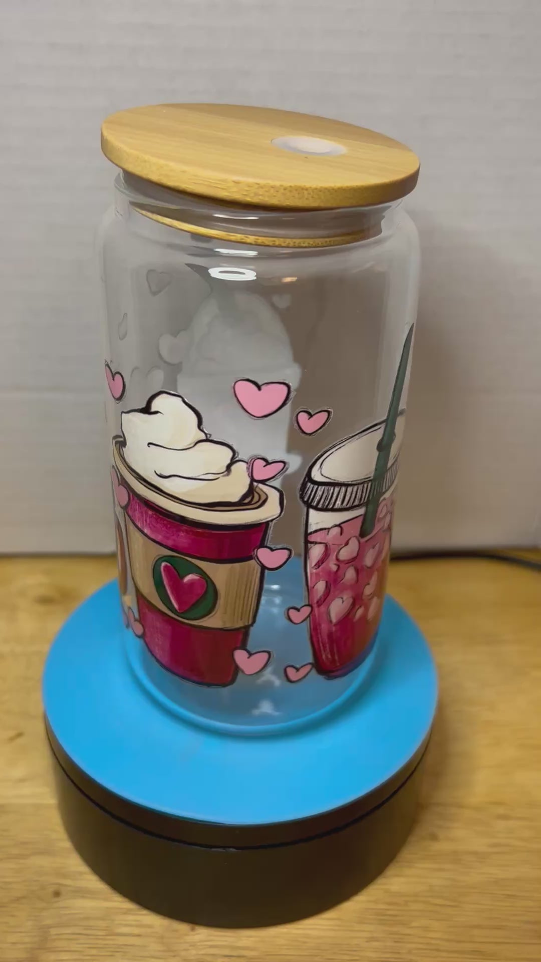16 oz Glass Tumbler with a bamboo lid featuring a Beautiful Design, comes with metal straw and cleaning brush