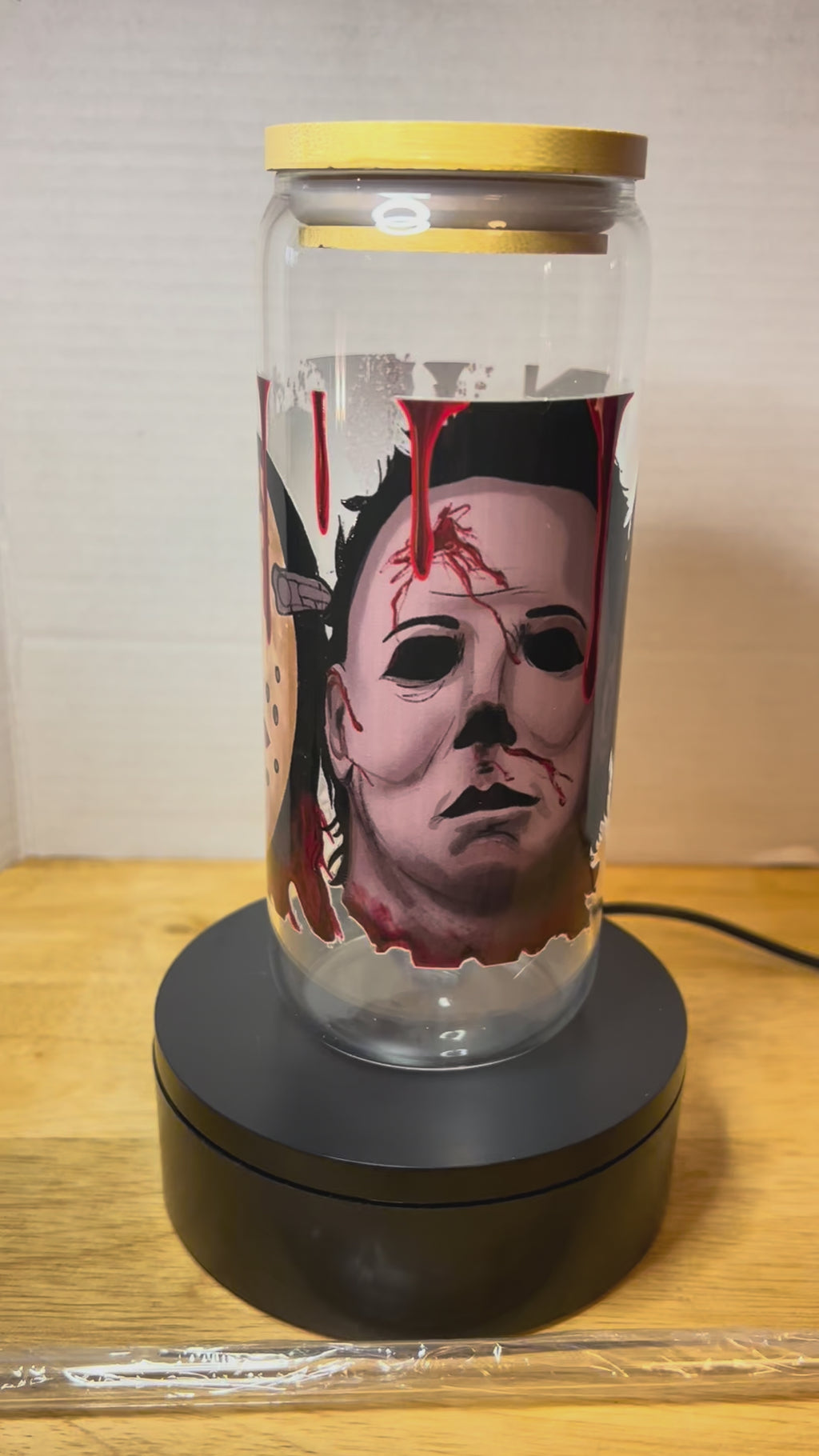Gobelet en verre de 20 oz avec couvercle en bambou et paille en verre, motif Halloween effrayant