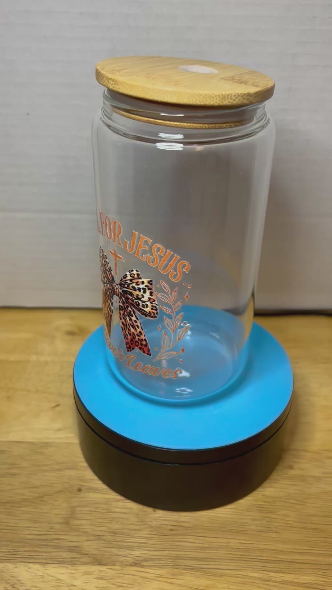 16 oz Glass Tumbler with a bamboo lid featuring a Beautiful Design, comes with metal straw and cleaning brush