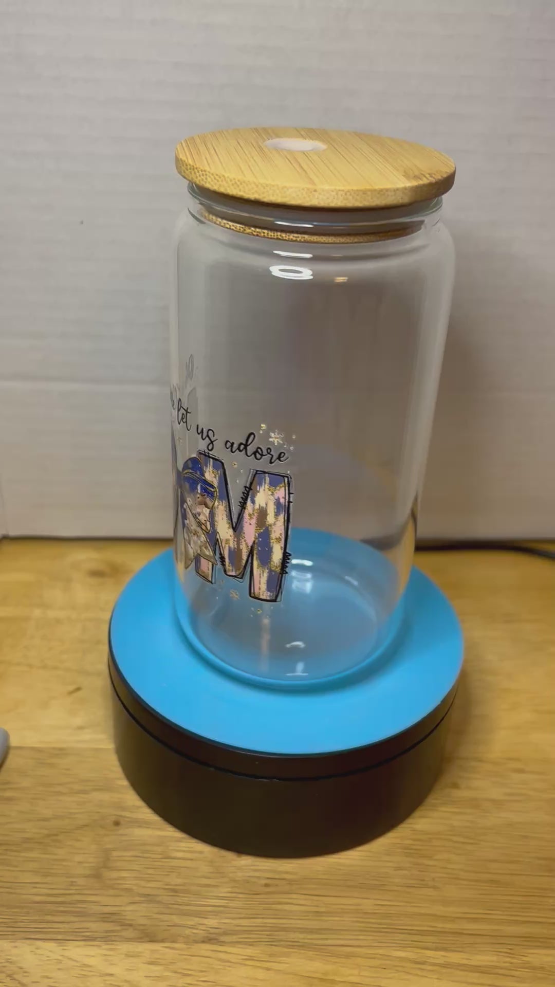 16 oz Glass Tumbler with a bamboo lid featuring a Beautiful Design, comes with metal straw and cleaning brush