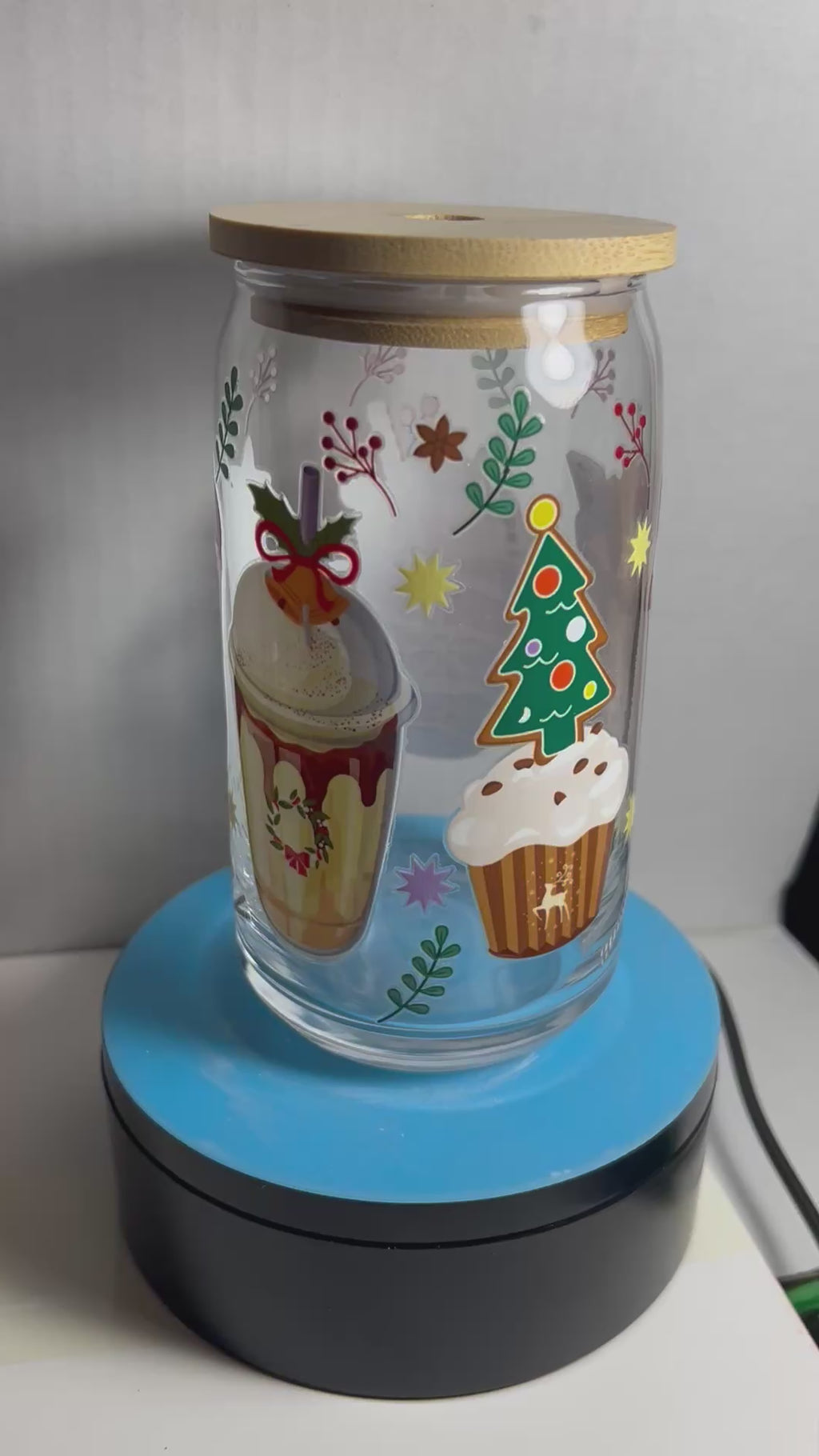 Gobelet en verre de 47 cl, paille en verre avec un magnifique motif de Noël