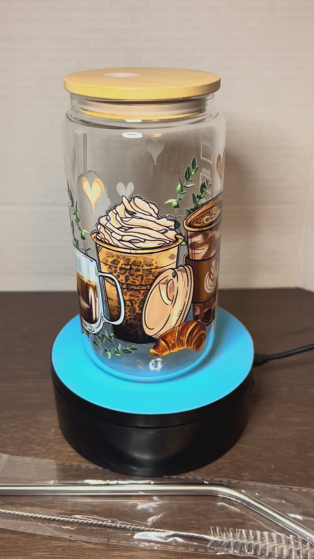 16 oz Glass Tumbler with a bamboo lid featuring a Beautiful Design, comes with metal straw and cleaning brush