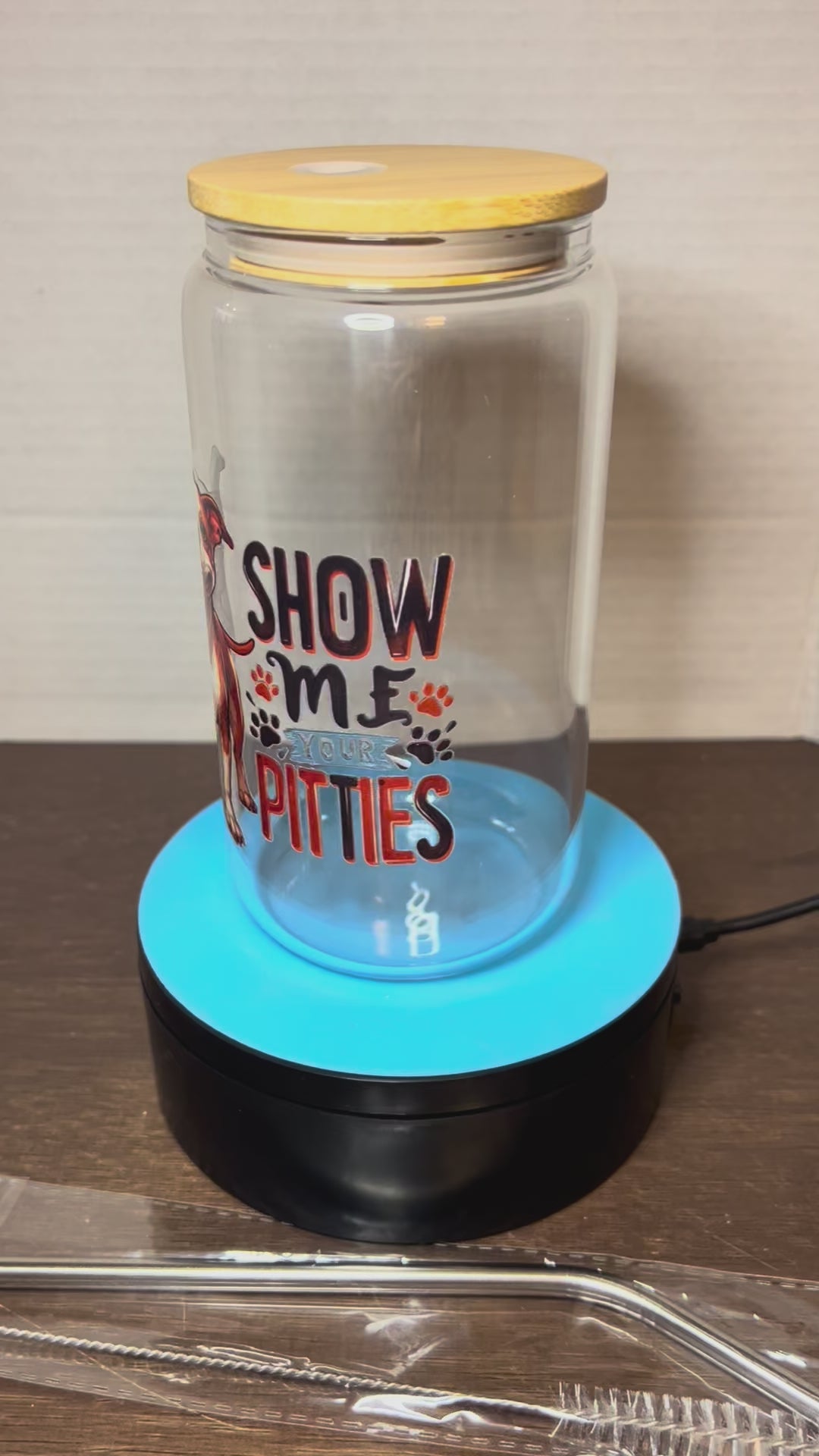 16 oz Glass Tumbler with a bamboo lid featuring a Beautiful Design, comes with metal straw and cleaning brush