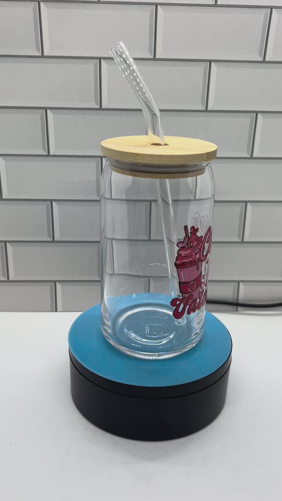 Gobelet en verre de 47 cl, paille en verre avec un magnifique design de la Saint-Valentin